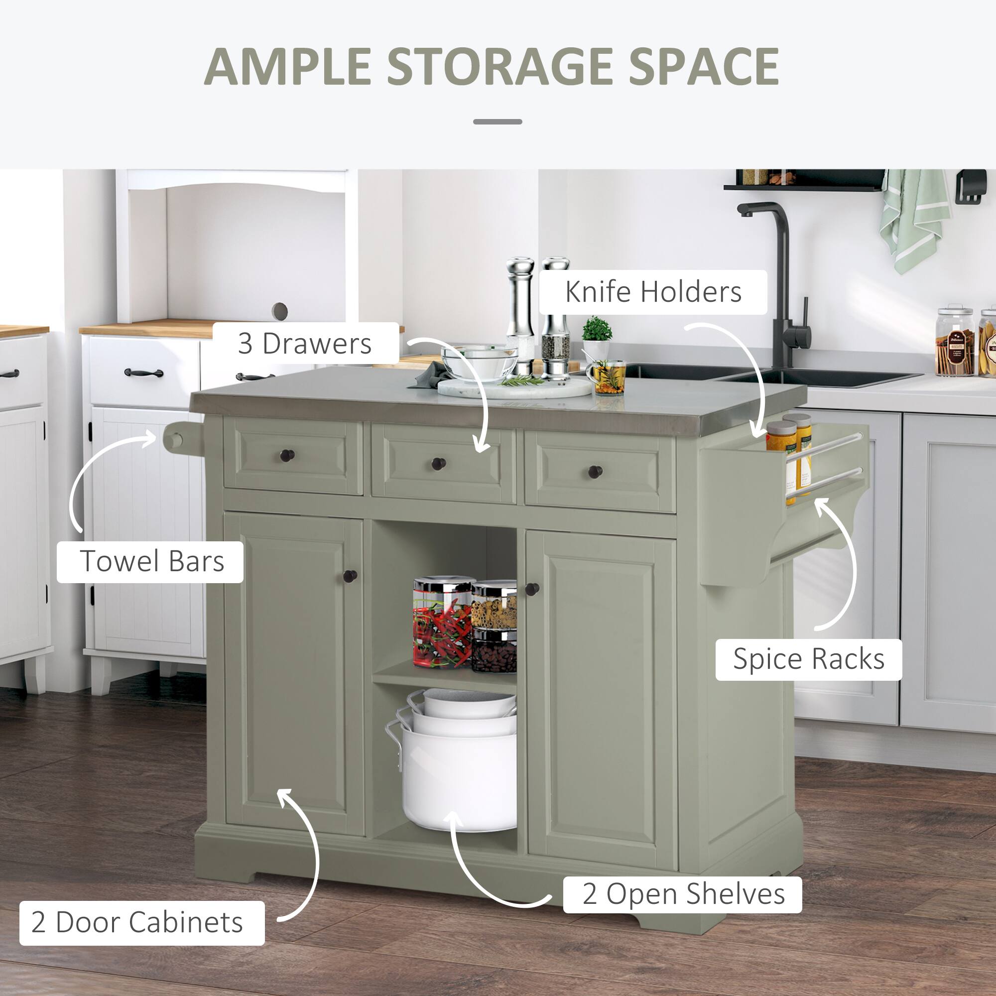 AMBLE STORAGE SPACE

- 3 Drawers
- Knife Holders
- Towel Bars
- 2 Door Cabinets
- Spice Racks
- 2 Open Shelves