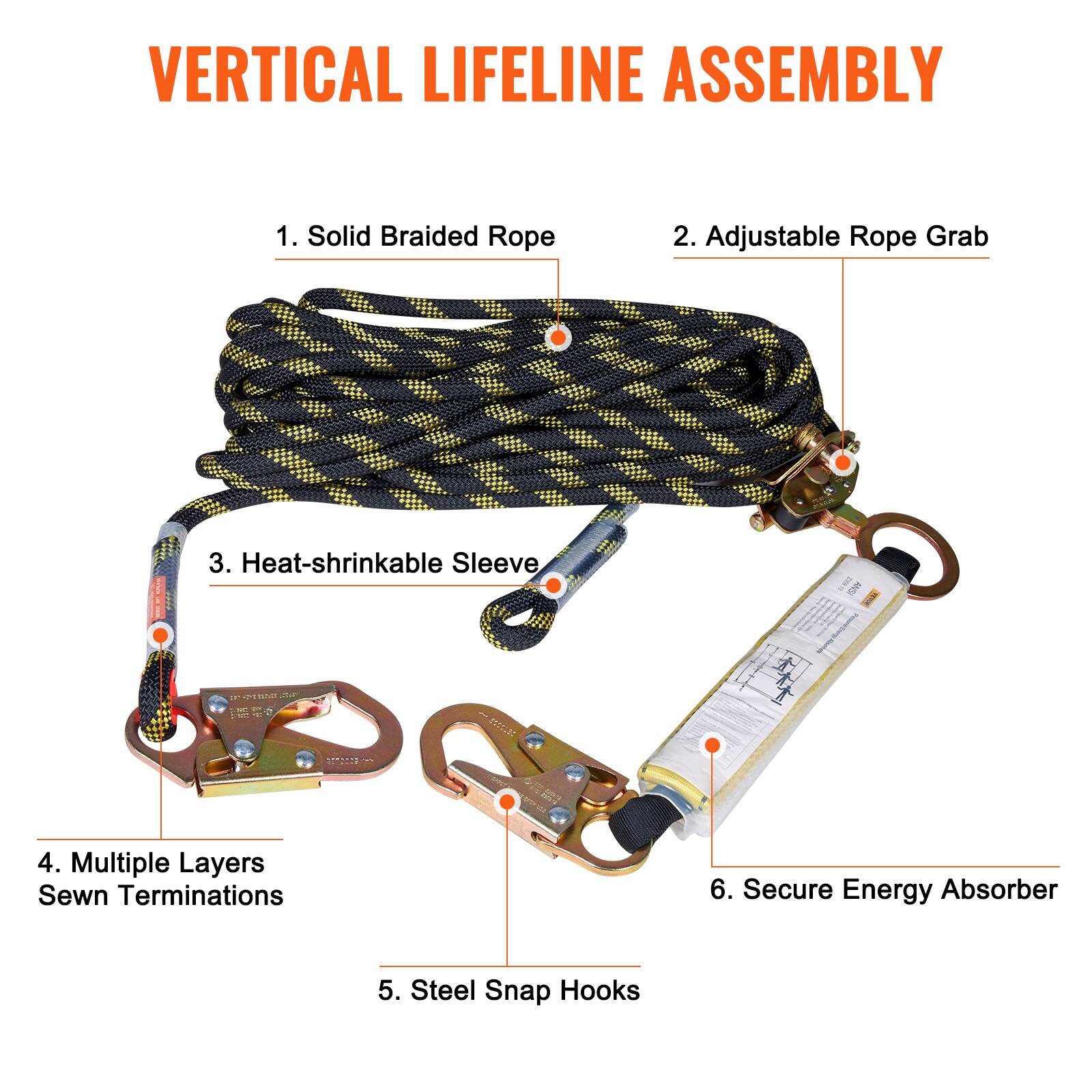 VERTICAL LIFELINE ASSEMBLY

1. Solid Braided Rope  
2. Adjustable Rope Grab  
3. Heat-shrinkable Sleeve  
4. Multiple Layers Sewn Terminations  
5. Steel Snap Hooks  
6. Secure Energy Absorber
