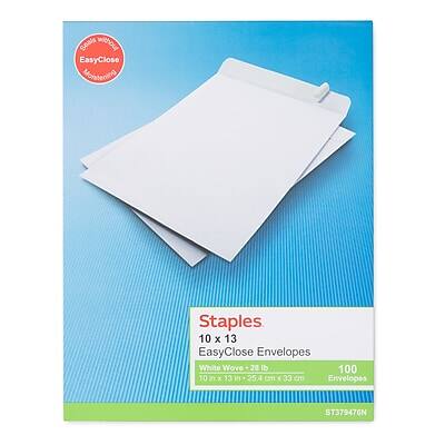 Staples  
10 x EasyClose Envelopes  
White Wove - 28 lb  
10 in x 13 in (25.4 cm x 33 cm)  
100 Envelopes  
ST379476N