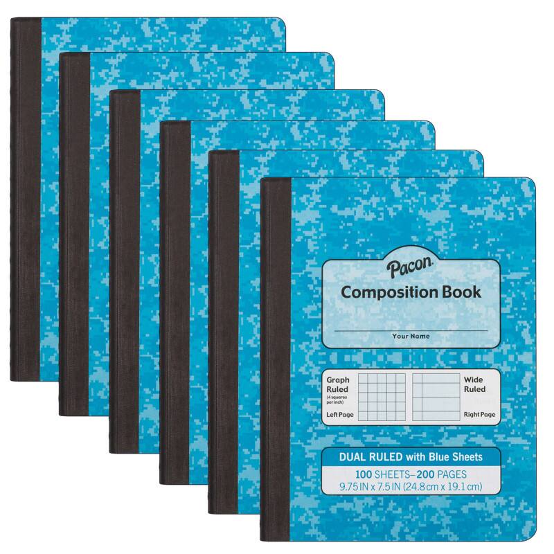 Pacon Composition Book  
Your Name  
Graph Ruled Left Page  
Wide Ruled Right Page  
DUAL RULED with Blue Sheets  
100 SHEETS-200 PAGES  
9.75IN x 7.5IN (24.8cm x 19.1cm)