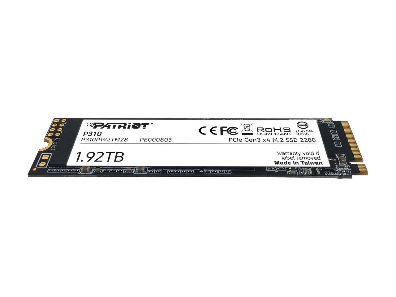 PATRIOT P310 P310P192TM28 PE000803  
CEFC ROHS D36204 COMPLIANT  
PCIe Gen3 x4 M.2 SSD 2280  
1.92TB  
Warranty void if label removed  
Made in Taiwan