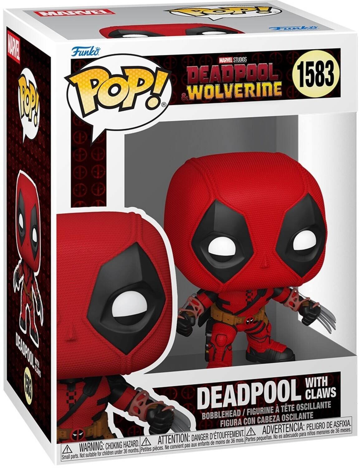 MARVEL STUDIOS DEADPOOL 1583 M POP! H WOLVERINE C DEAOPON N CC WITH DEADPOOL CLAWS FIGURINE TTE OSCILLANTE BOBBLEHEAD / CON CABEZA OSCILANTE FIGURA PELIGRO DE ASFIXIA. D'TOUFFEMENT. ADVERTENCIA: para niños menores de 36 meses. DANGER pequeras. No es adecuado HAZARD. ATTENTION: aux enfants de moins de 36 mois. Partes WARNING: CHOKING Petites pieces. Ne convient pas children under 36 months. Not suitable for Small parts