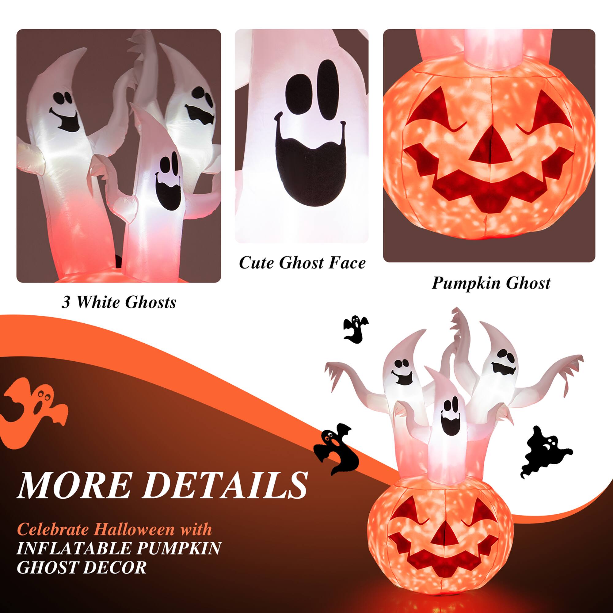 Celebrate Halloween with Inflatable Pumpkin Ghost Decor.
