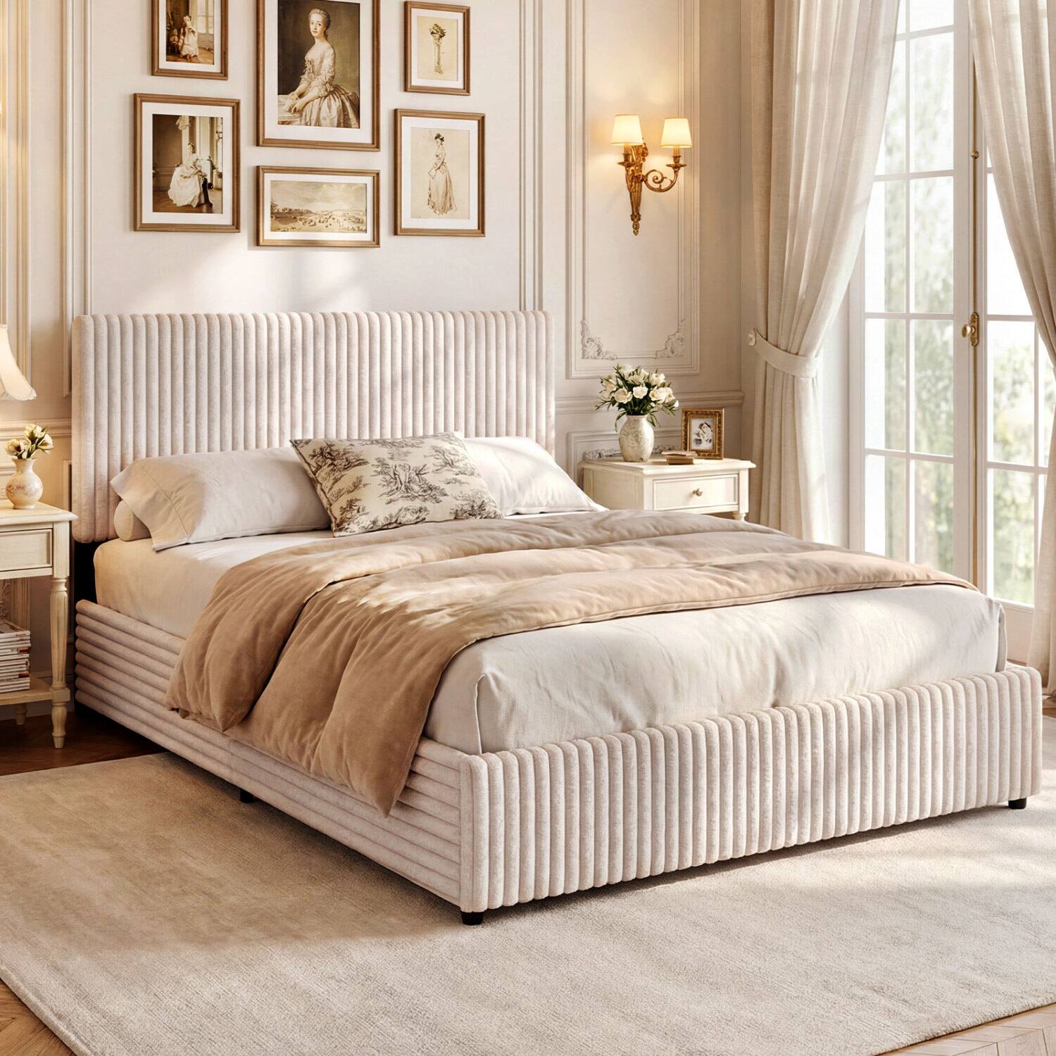 Alt View 3. LUCKY ONE - Queen Assembled Lift-up Storage Bed with Corduroy Upholstered Headboard Wooden Slats 600 lbs - Beige.