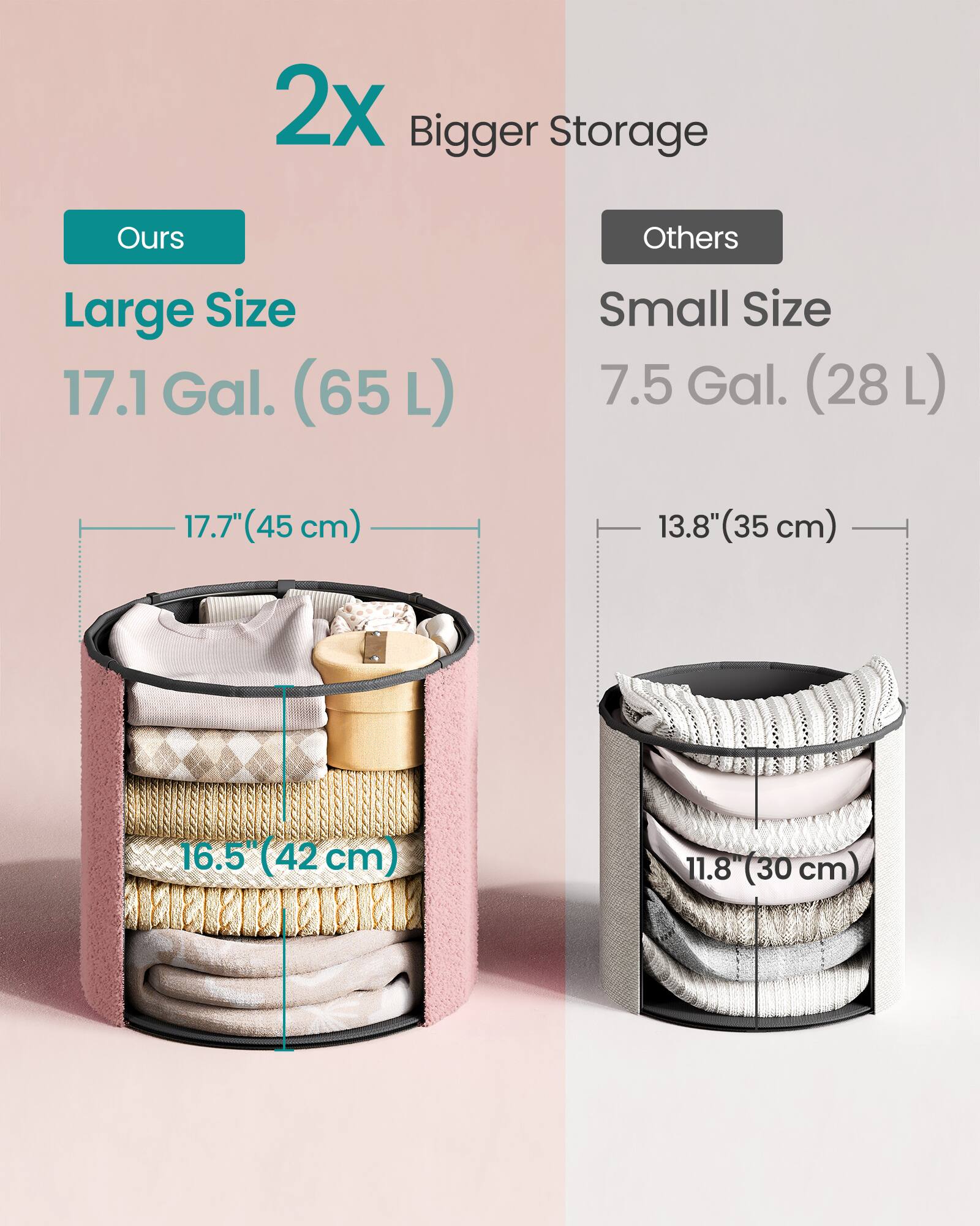 2x Bigger Storage

Ours
Large Size 17.1 Gal. (65L)
17.7" (45 cm)
16.5" (42 cm)

Others
Small Size 7.5 Gal. (28L)
13.8" (35 cm)
11.8" (30 cm)