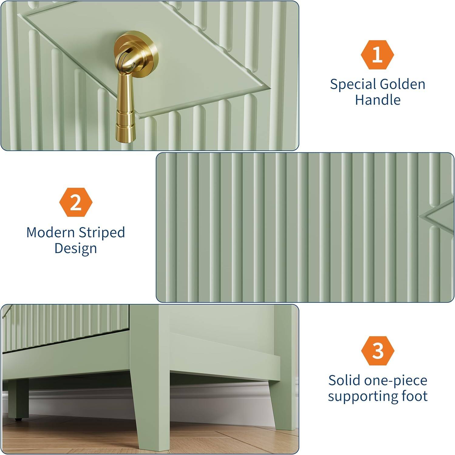 1. Special Golden Handle  
2. Modern Striped Design  
3. Solid one-piece supporting foot