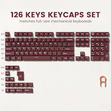 126 KEYS KEYCAPS SET matches full-size mechanical keyboards
R4: Esc F1 F2 F3 F4 F5 F6 F7 F8 F9 F10 F11 F12 Print Scroll Pause
R4: 1 2 3 4 5 6 7 8 9 0 - = Backspace
R3: Tab Q W E R T Y U I O P
R2: Caps Lock A S D F G H J K L ;
R2: Shift Z X C V B N M , . / Backspace
R1: Ctrl Win Alt Spacebar Alt
R1: Delete End PgDn
R4: Delete End PgDn
R3: PgUp
R2: PgUp PgDn
R1: Alt Fn Ctrl 0
R1: Shift Shift Shift