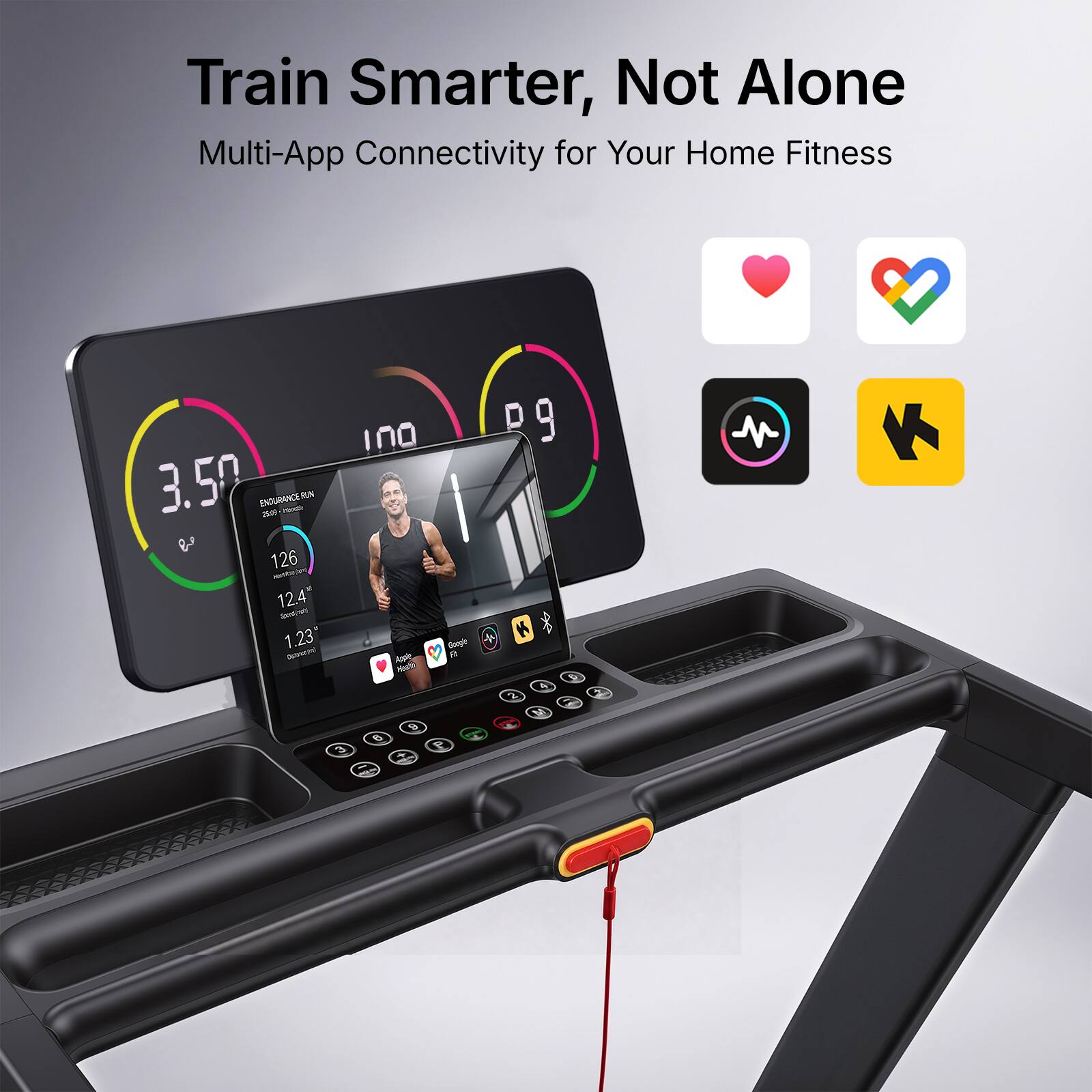 Train Smarter, Not Alone  
Multi-App Connectivity for Your Home Fitness  

100 3.50 ENDURANCE.RU 245 - RUN b 126 - 12.4 Sport 1.23 Google () Apple R Hights 9 6 3 P +  
K 4 2 1 M  
D