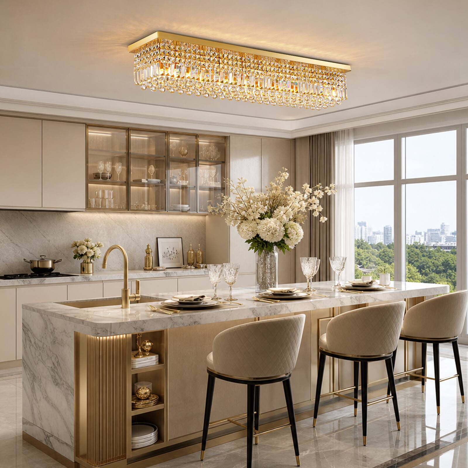 Alt View 2. Siljoy - 47.2-icnh 10-Light Gold K9 Crystal Chandelier, Dimmable E12 Flush Mount for Dining Kitchen Living Room - Gold.