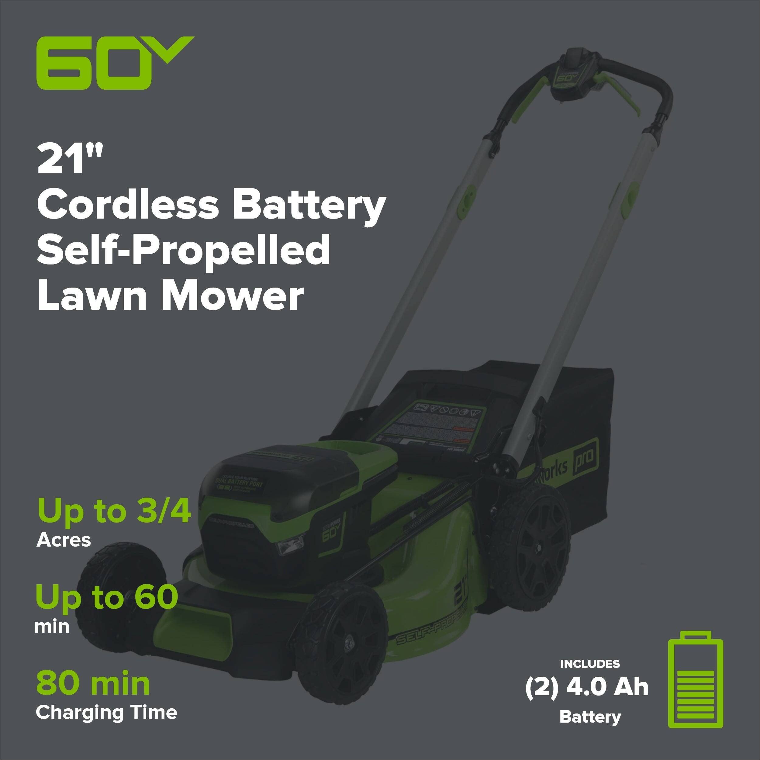 6OY 21" Cordless Battery Self-Propelled Lawn Mower - 9000 Up to 3/4 Acres - Up to 60 min 80 min Charging Time - Includes (2) 4.0 Ah Battery