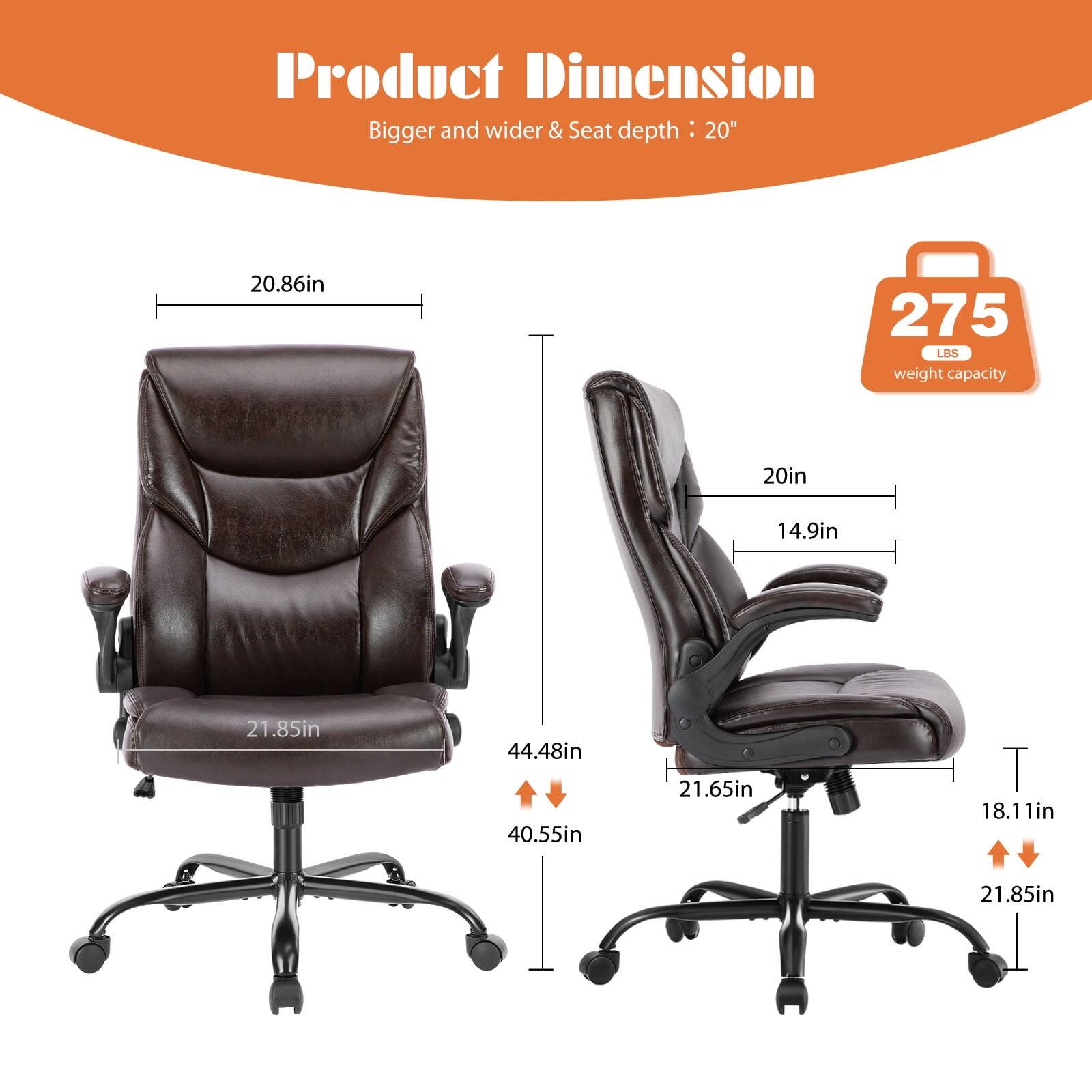 Product Dimension  
Bigger and wider & Seat depth: 20"  

- 20.86in  
- 20in  
- 14.9in  
- 21.85in  
- 44.48in  
- 40.55in  
- 21.65in  
- 18.11in  
- 21.85in  

275 LBS weight capacity