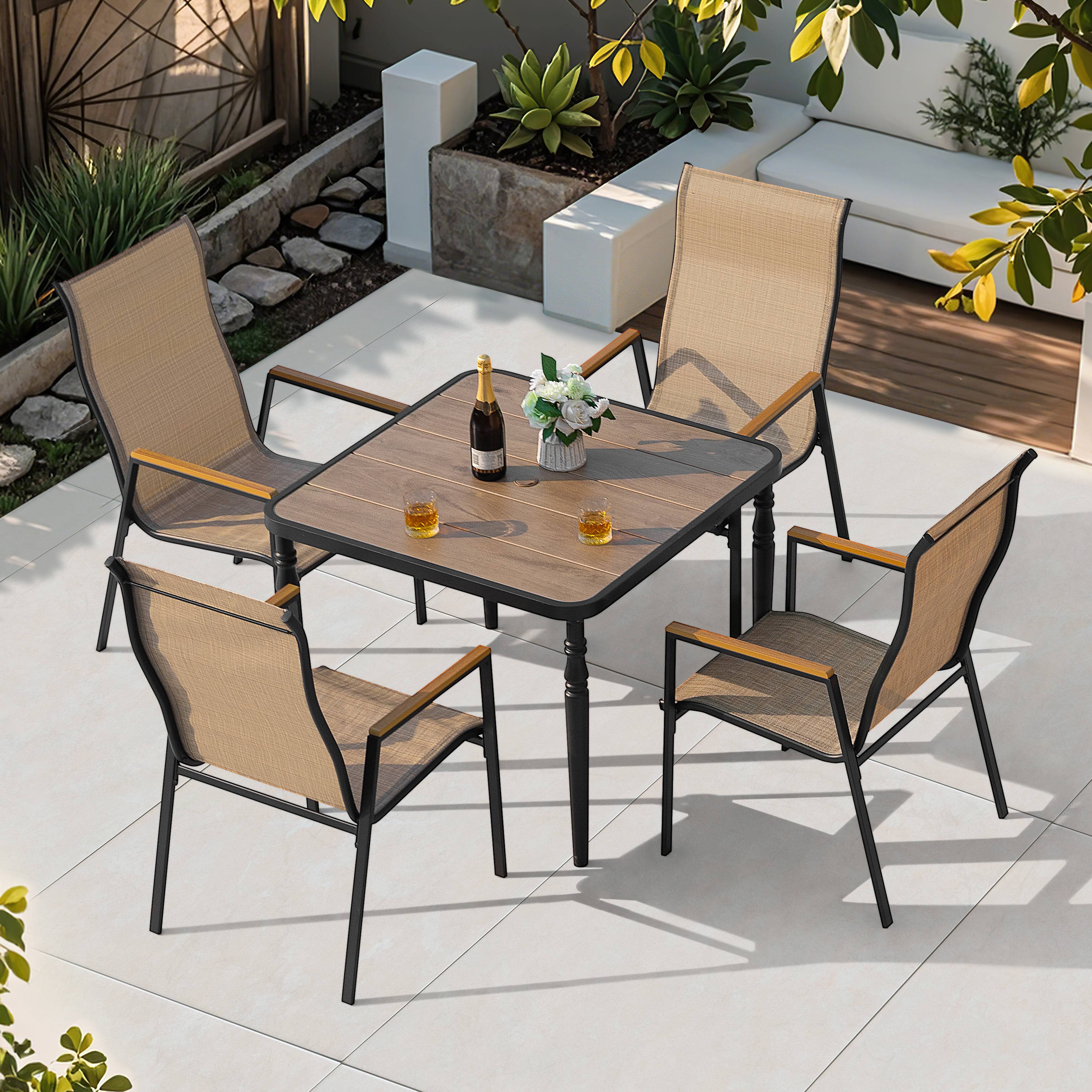 Left. Nuu Garden - 5-Piece Textilene Patio Dining Set with Umbrella Hole, Stackable Design, Faux Wood Armrests - Black and Khaki.