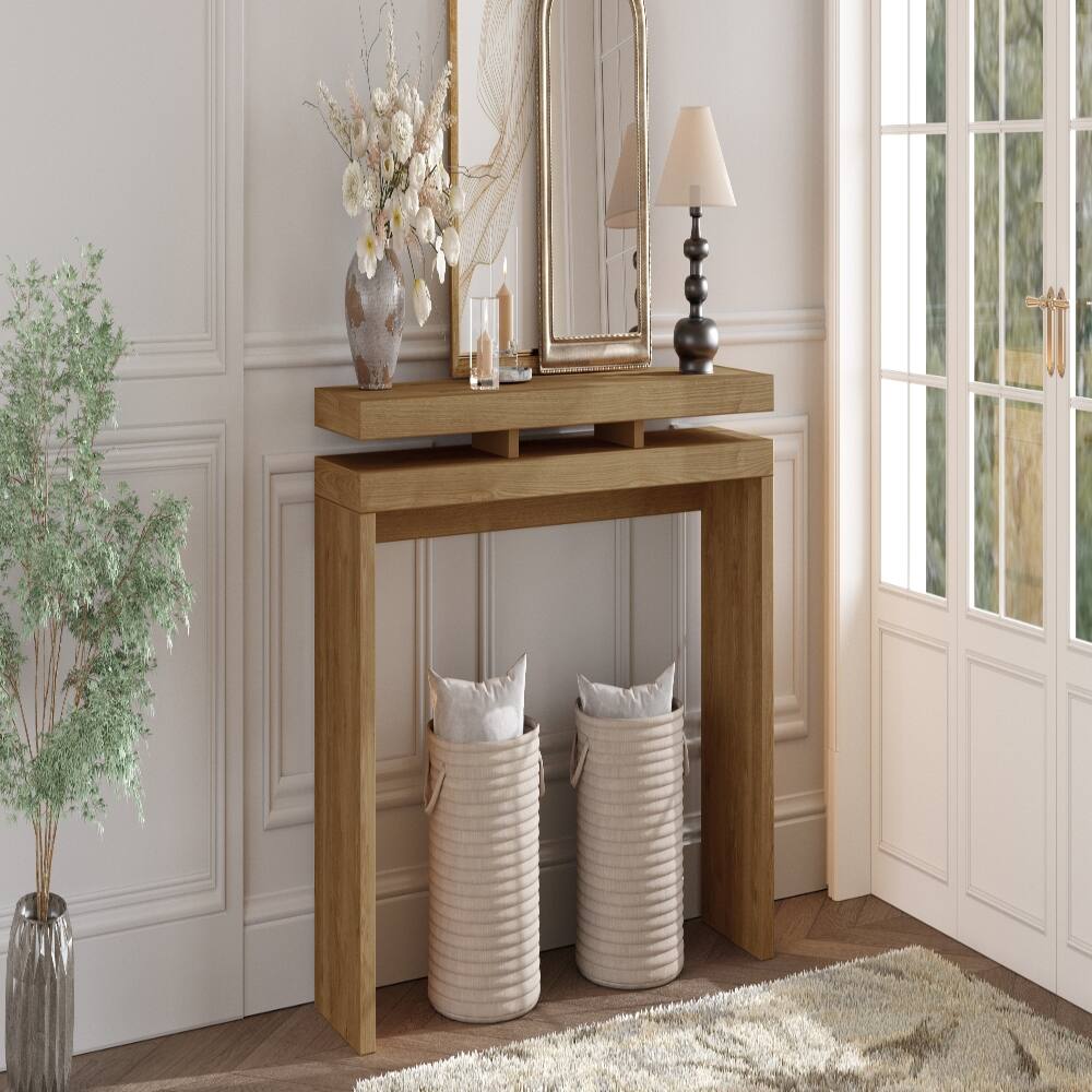 Left. Loheer - Loheer 60 inch farmhouse console table with double board suspension design and solid wood frame - Antique Brown.