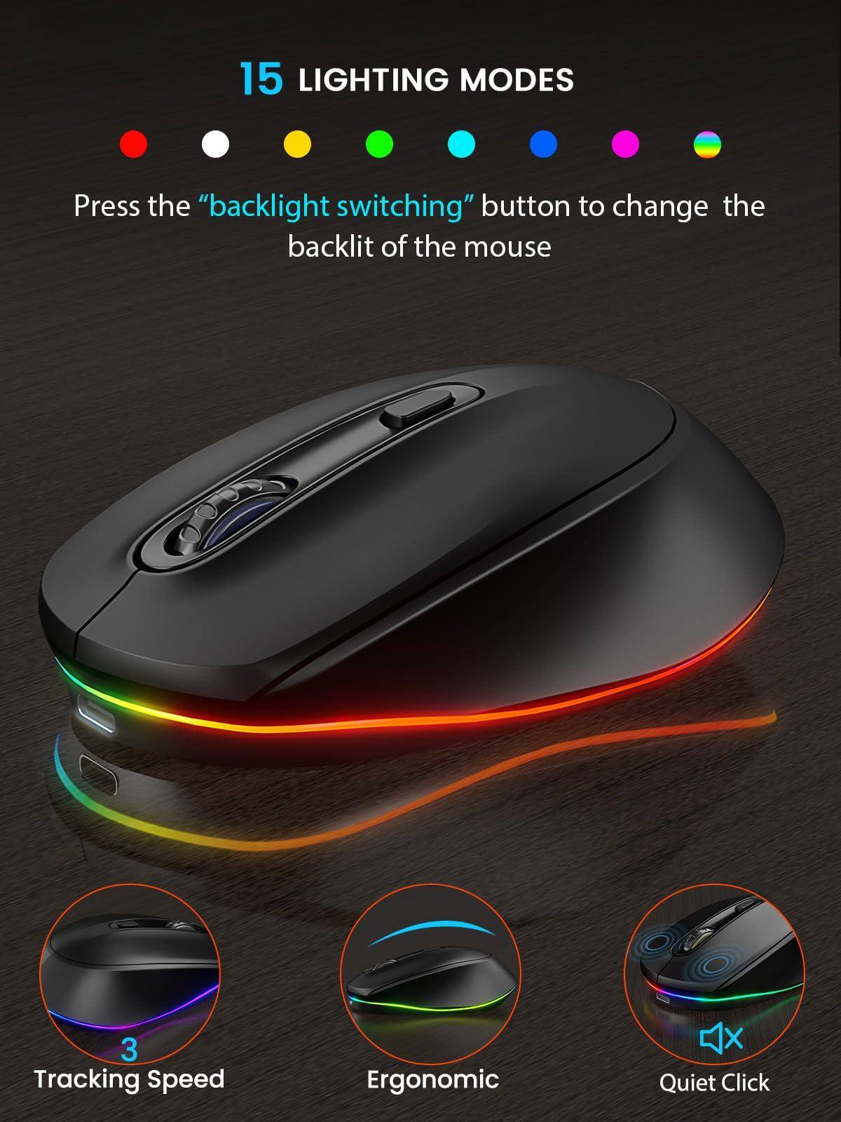 15 LIGHTING MODES  
Press the "backlight switching" button to change the backlit of the mouse  

3 Tracking Speed  
Ergonomic  
Quiet Click