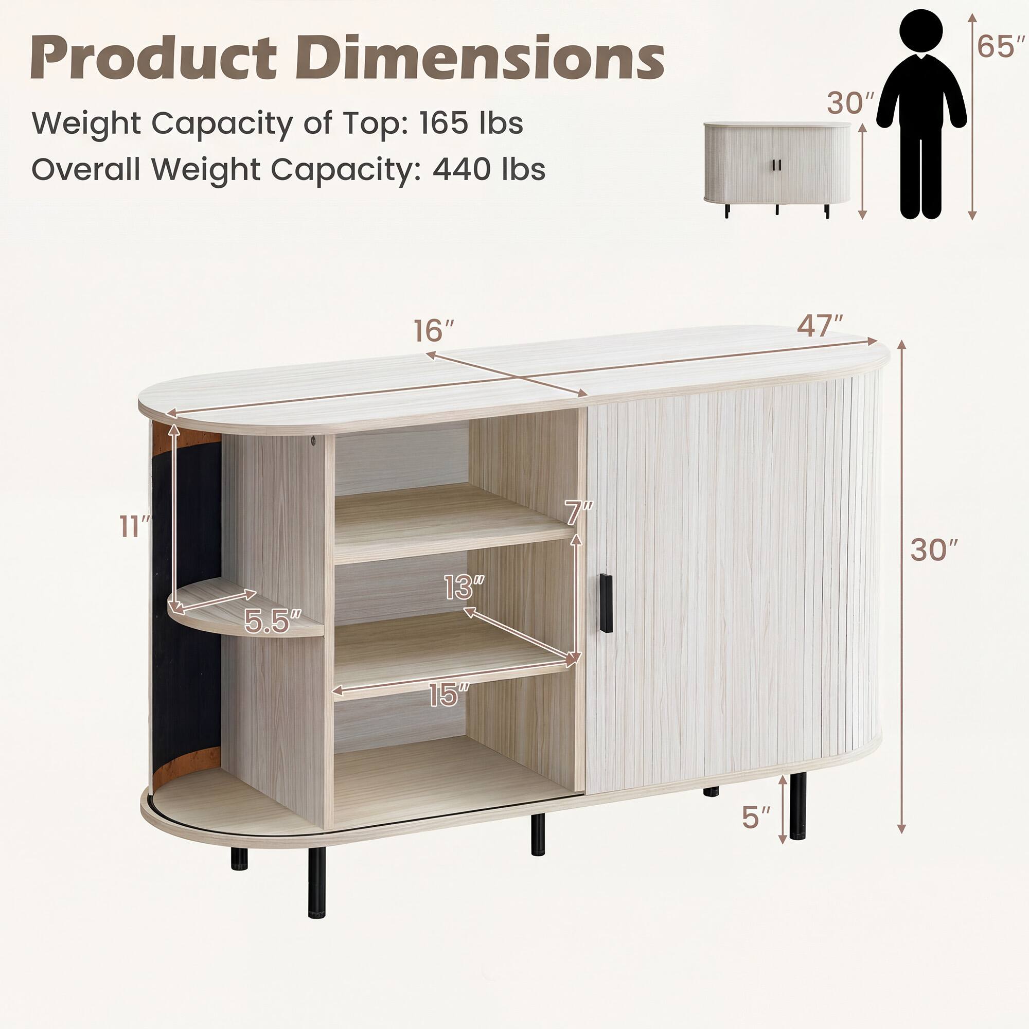 Product Dimensions  
Weight Capacity of Top: 165 lbs  
Overall Weight Capacity: 440 lbs  

30"  
65"  
16"  
47"  
11"  
5.5"  
13"  
7"  
30"  
15"  
5"