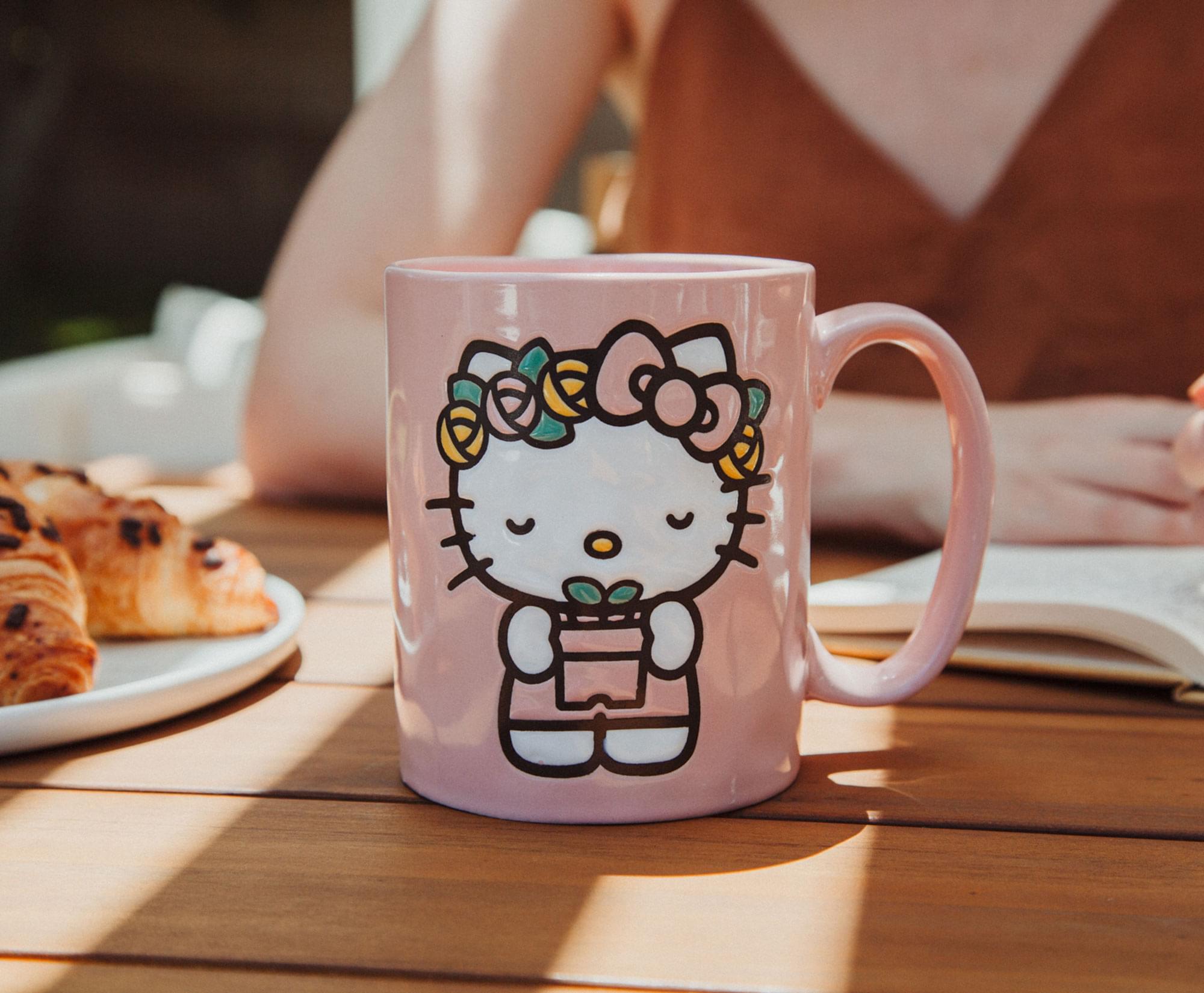 Alt View 3. Hello Kitty - Sanrio Hello Kitty Flower Badge Wax Resist Ceramic Pottery Mug | Holds 18 Ounces - Pink.