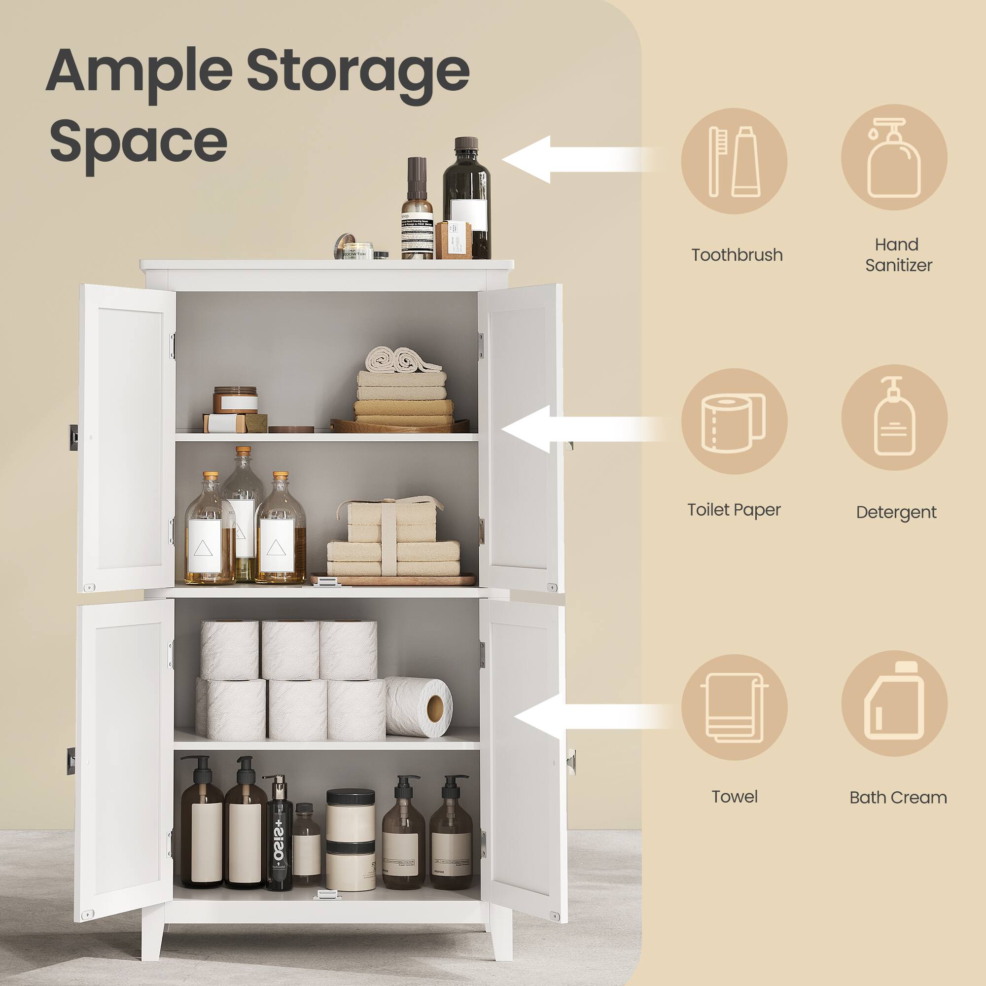 Ample Storage Space: Toothbrush, Hand Sanitizer, Toilet Paper, Detergent, Towel, Bath Cream