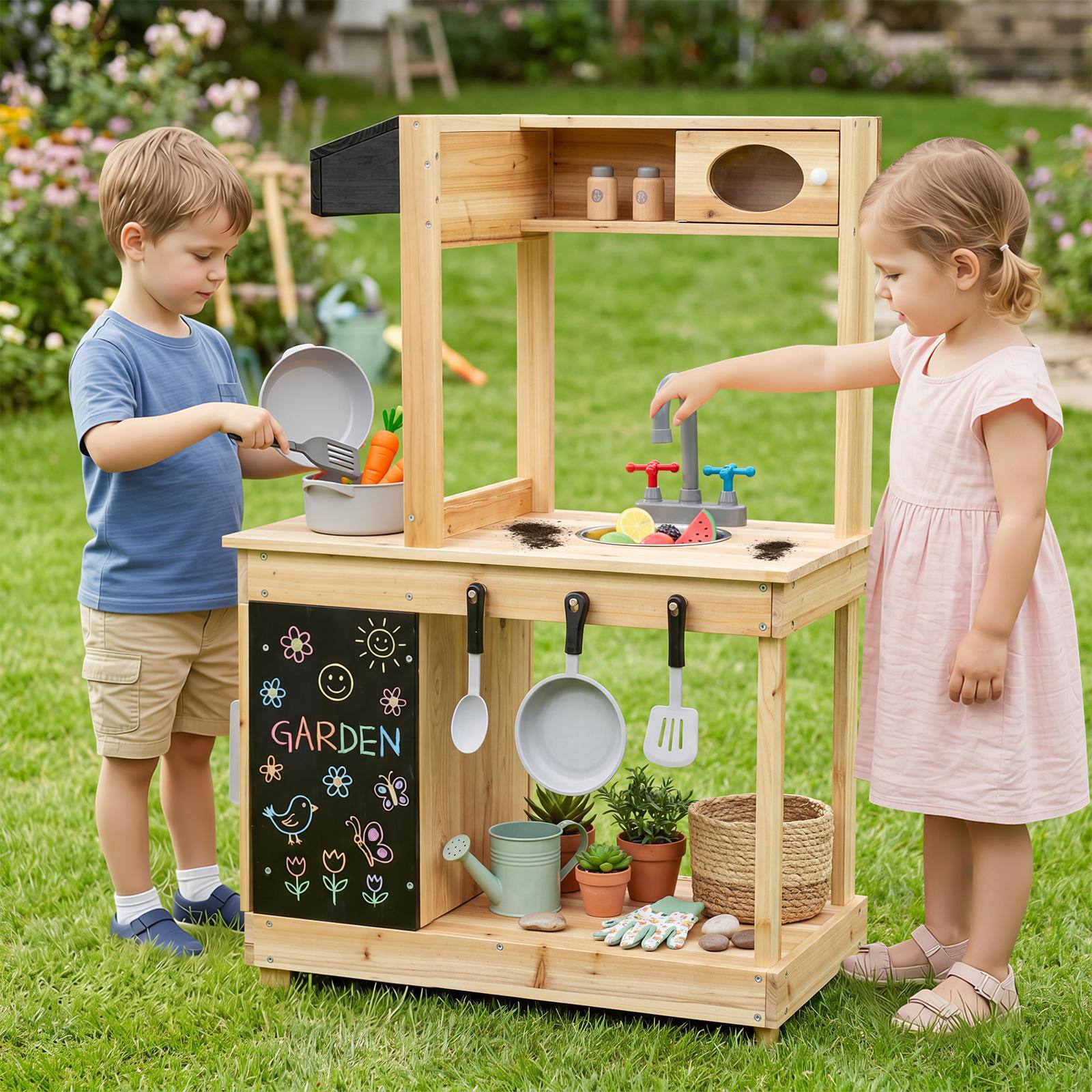 Alt View 3. Gymax - Gymax Outdoor Mud Kitchen for Kids Wooden Play Pretend Kitchen w/Stoves Sink Faucet - Yellow.