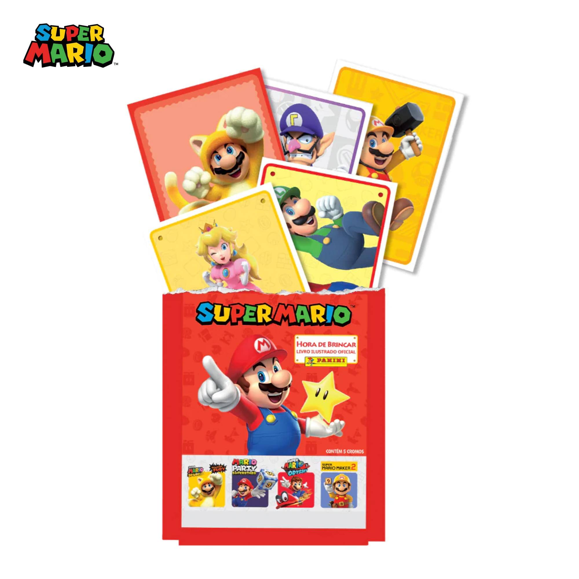 SUPER MARIO TH  
SUPERMARIO M  
HORA DE BRINCAR LIVE  
SUSTRADO OFOLIAL  
PARIMI MRO MAO  
- PARTY  
- AR R 0O  
CONTEM 5 CROMOS:  
POI PONEE 2