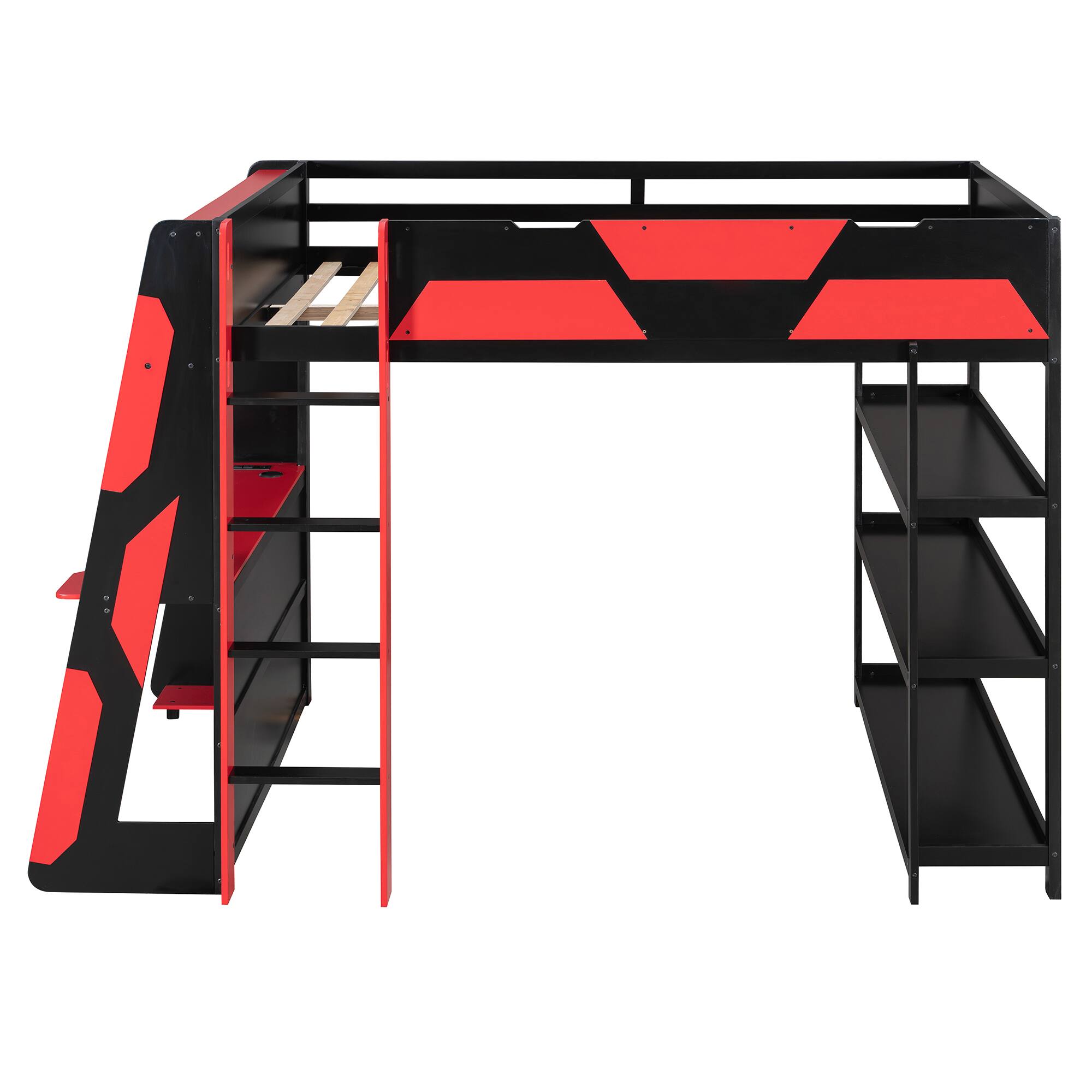 Back. Whisen - Full Size Loft Bed with Gaming Desk, Built-in Shelves, Power Station & LED Lights for Bedroom - Black|Red.