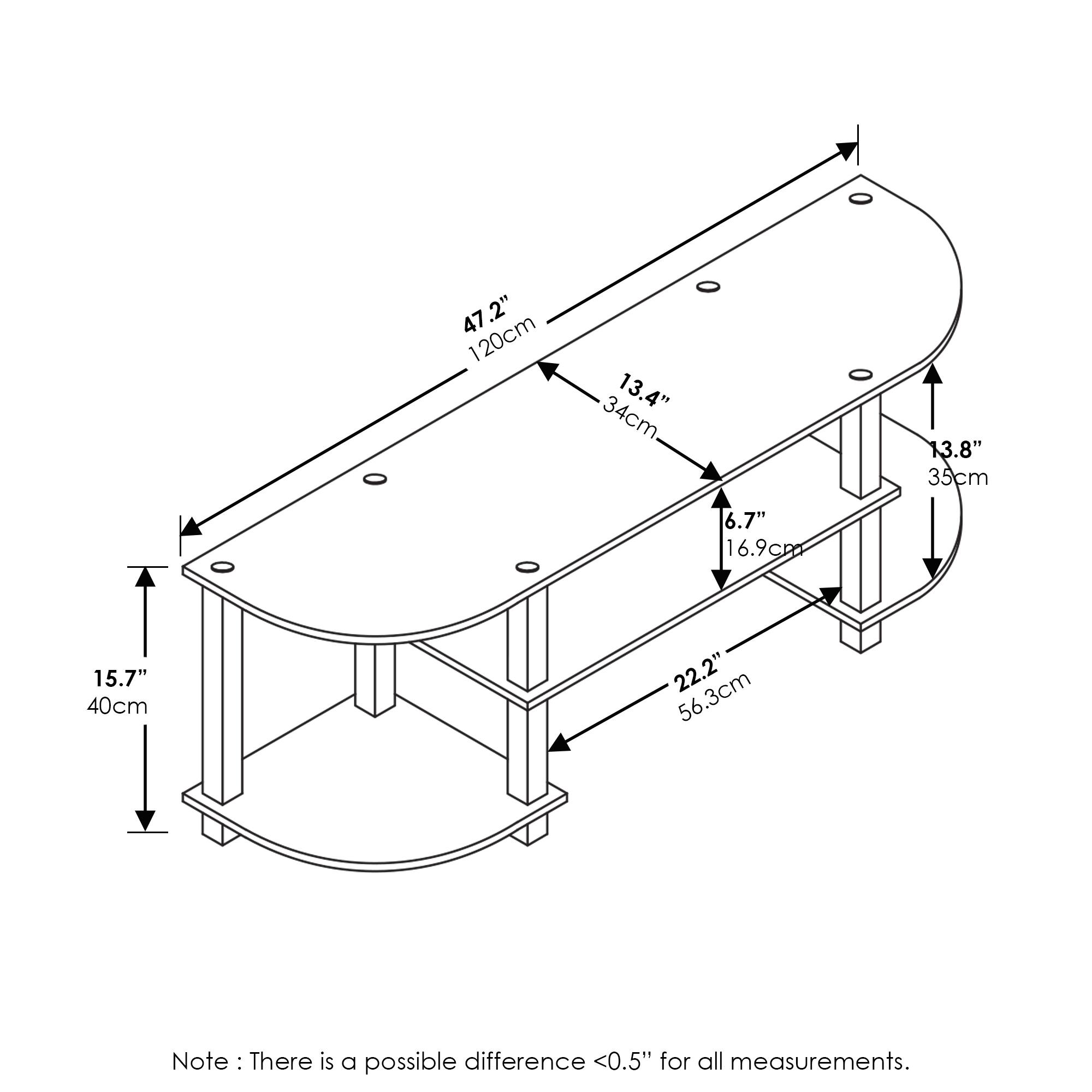 47.2" / 120cm  
13.4" / 34cm  
13.8" / 35cm  
6.7" / 16.9cm  
15.7" / 40cm  
22.2" / 56.3cm  

Note: There is a possible difference <0.5" for all measurements.