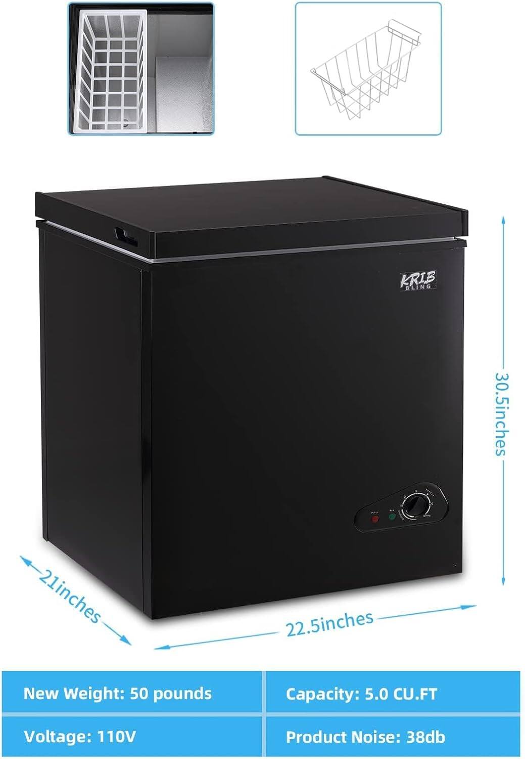 Krib Bling  
30.5 inches  
21 inches  
22.5 inches  

New Weight: 50 pounds  
Capacity: 5.0 CU.FT  
Voltage: 110V  
Product Noise: 38db