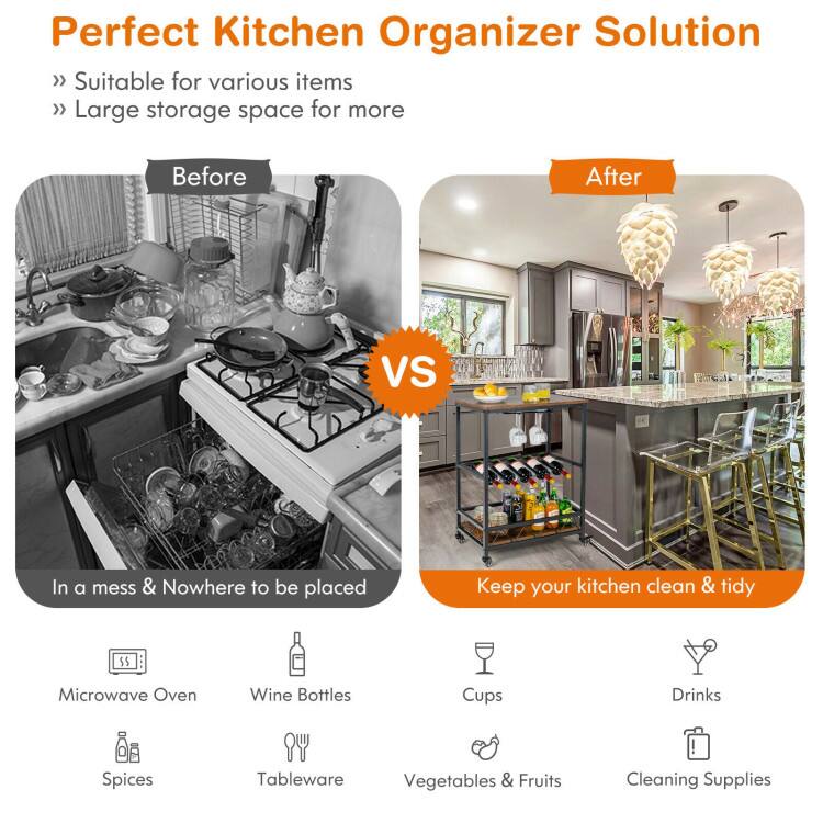 Perfect Kitchen Organizer Solution

- Suitable for various items
- Large storage space for more

**Before**

In a mess & Nowhere to be placed

- Microwave Oven
- Wine Bottles
- Spices
- Tableware

**After**

Keep your kitchen clean & tidy

- Cups
- Drinks
- Vegetables & Fruits
- Cleaning Supplies