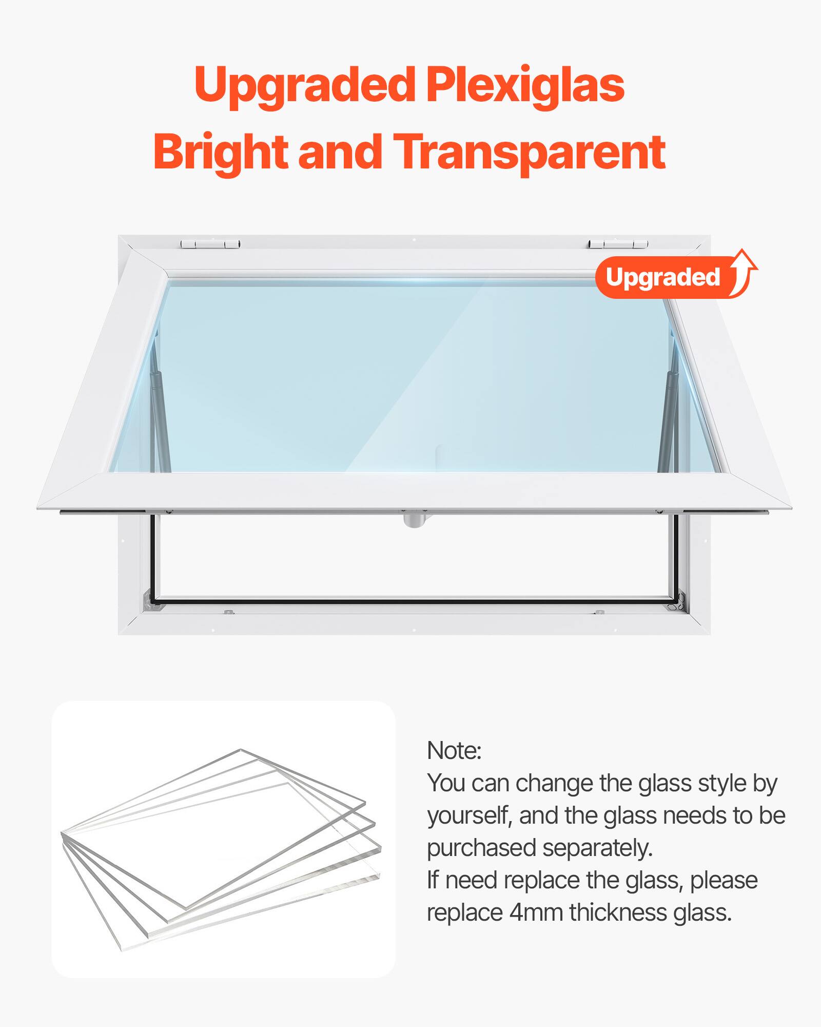 Upgraded Plexiglas Bright and Transparent

Note: You can change the glass style by yourself, and the glass needs to be purchased separately. If need replace the glass, please replace 4mm thickness glass.