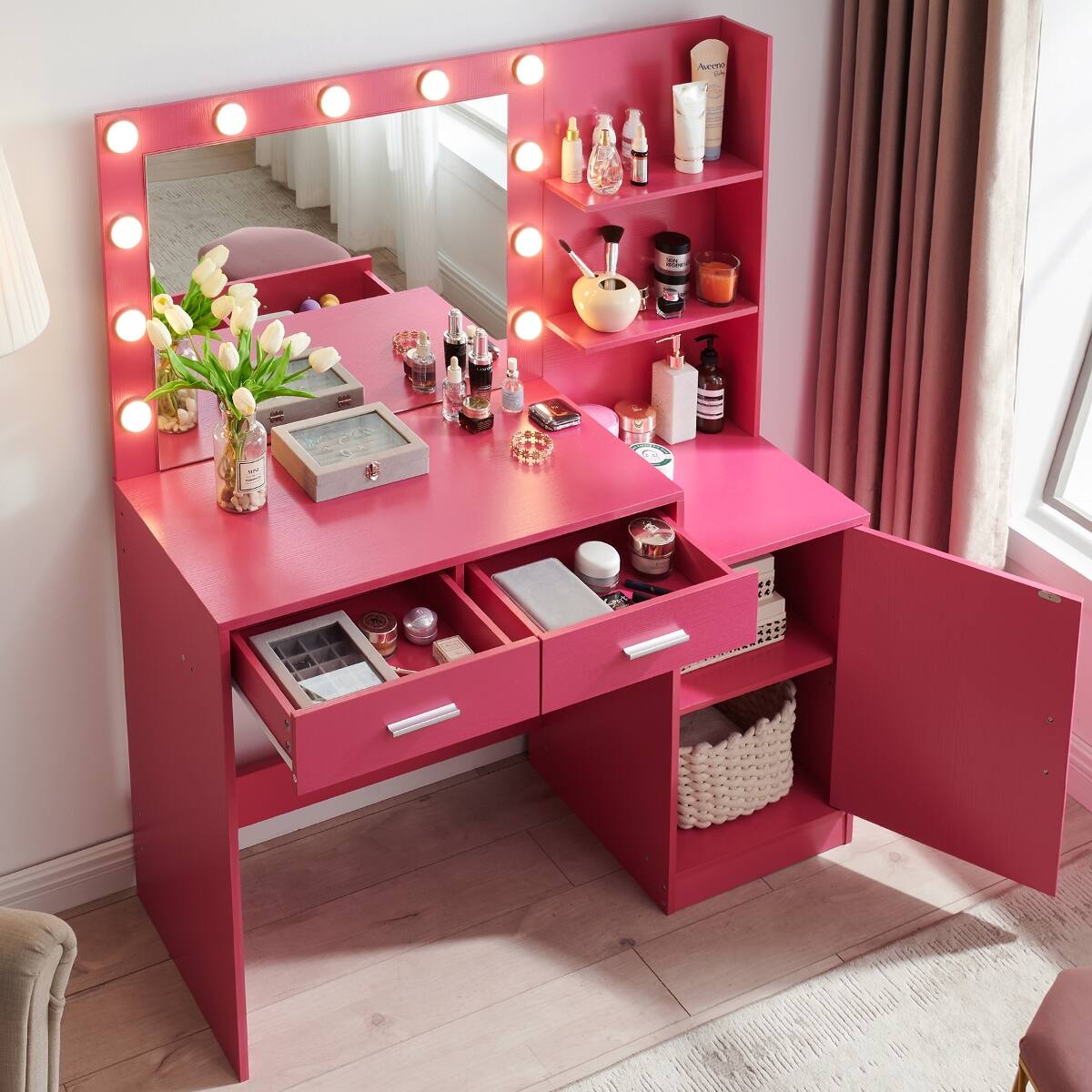 Alt View 1. Loheer - Loheer Makeup Vanity with Mirror and Lights, 46 Inch Rose Pink Desk - Rose Pink.