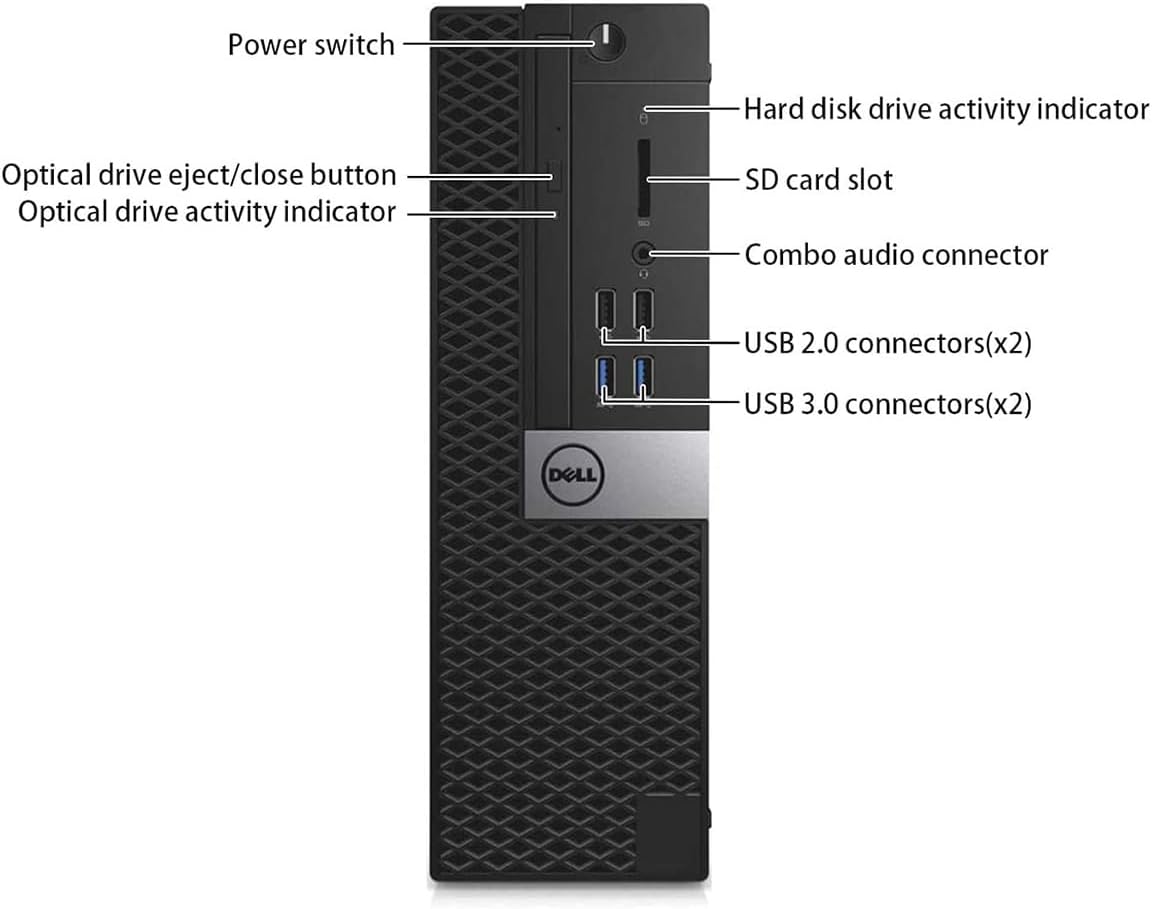 - Power switch
- Hard disk drive activity indicator
- Optical drive eject/close button
- Optical drive activity indicator
- SD card slot
- Combo audio connector
- USB 2.0 connectors (x2)
- USB 3.0 connectors (x2)
- DELL