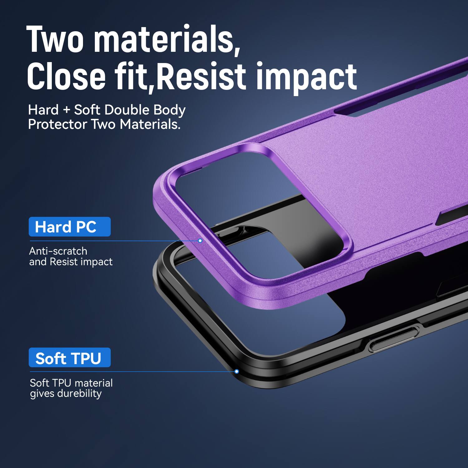 Two materials, Close fit, Resist impact  
Hard + Soft Double Body Protector Two Materials.  

Hard PC  
Anti-scratch and Resist impact  

Soft TPU  
Soft TPU material gives durability