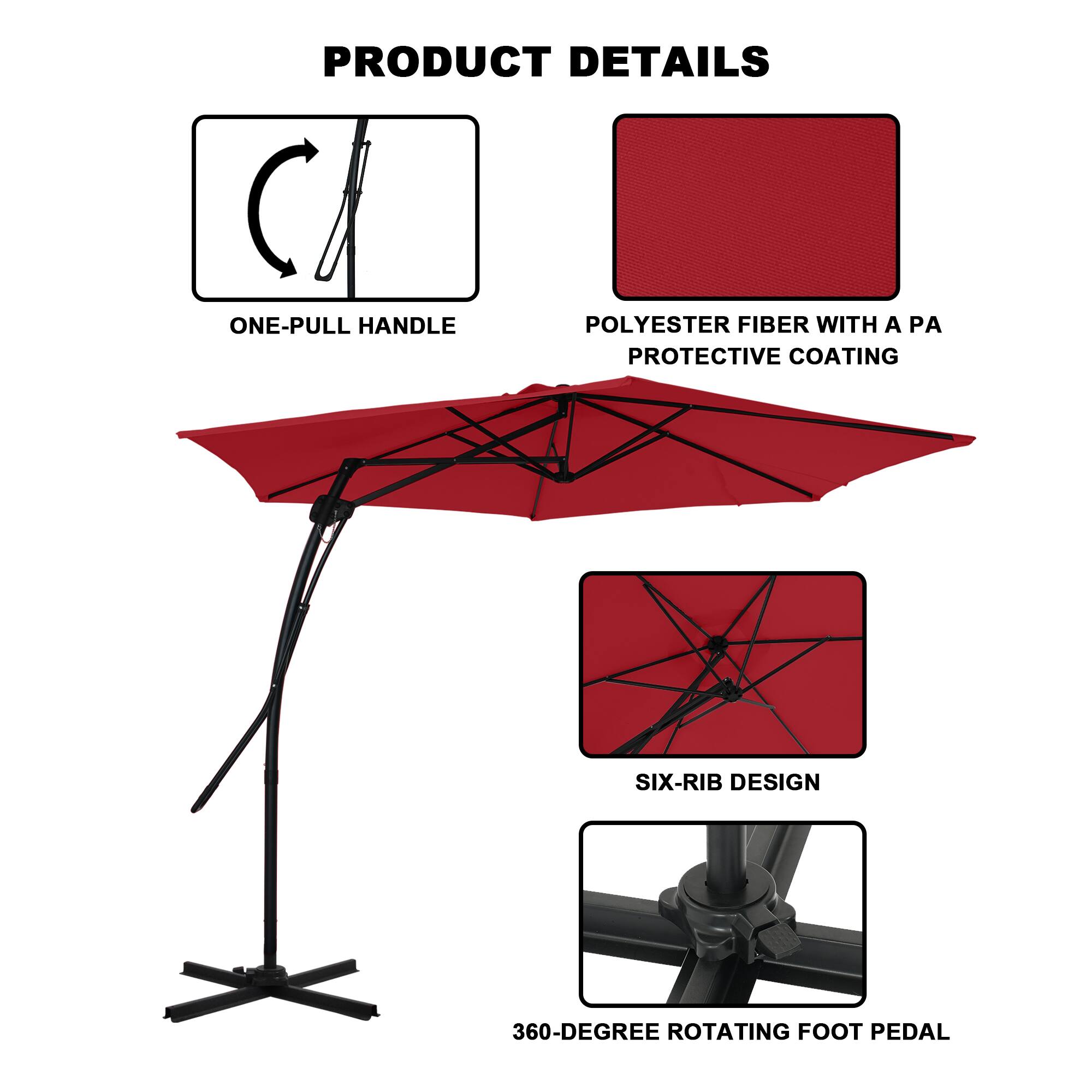 PRODUCT DETAILS

- ONE-PULL HANDLE
- POLYESTER FIBER WITH A PA PROTECTIVE COATING
- SIX-RIB DESIGN
- 360-DEGREE ROTATING FOOT PEDAL