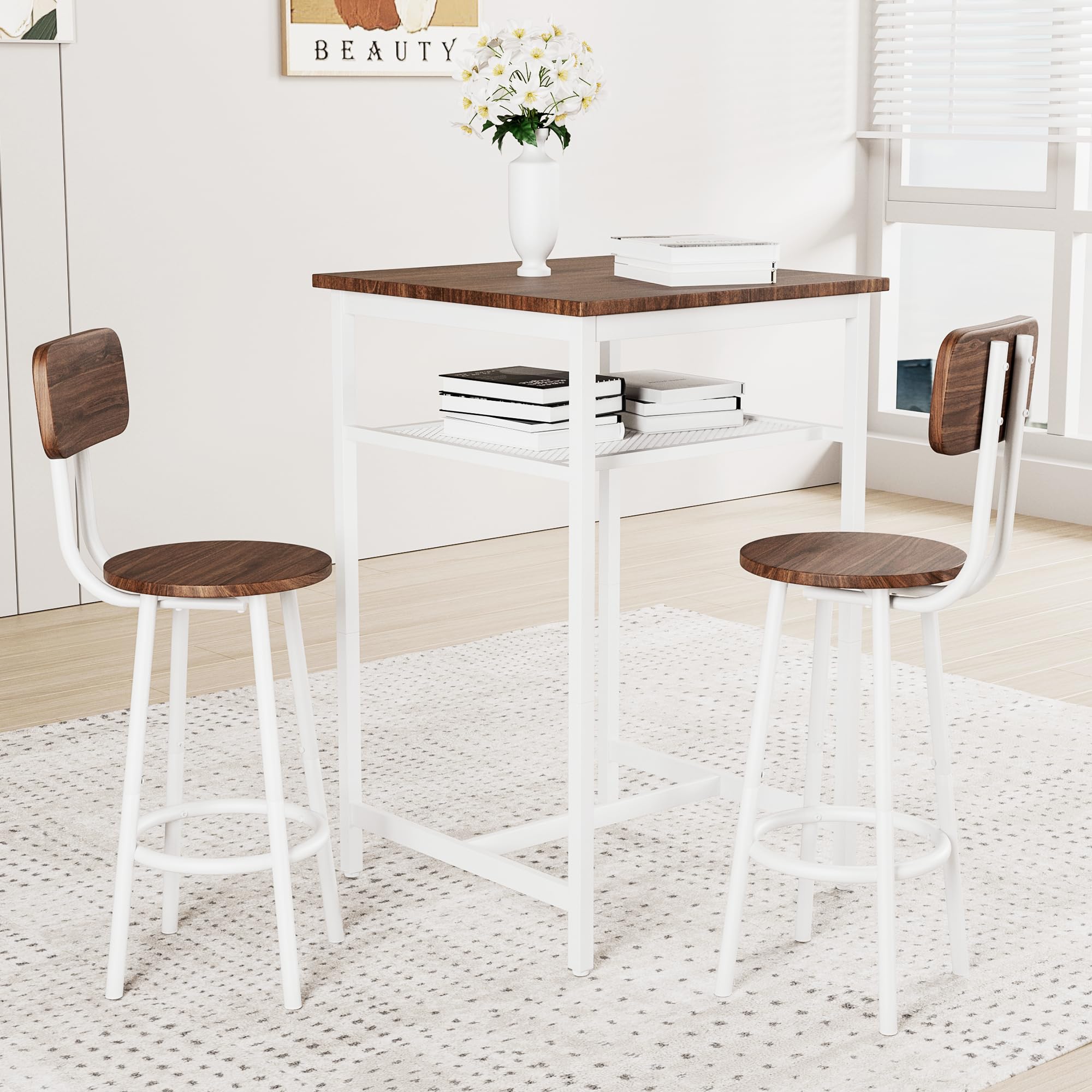 Alt View 1. Ecooso - Bar table, equipped with 2 bar stools , with backrest and partition - beige brown.