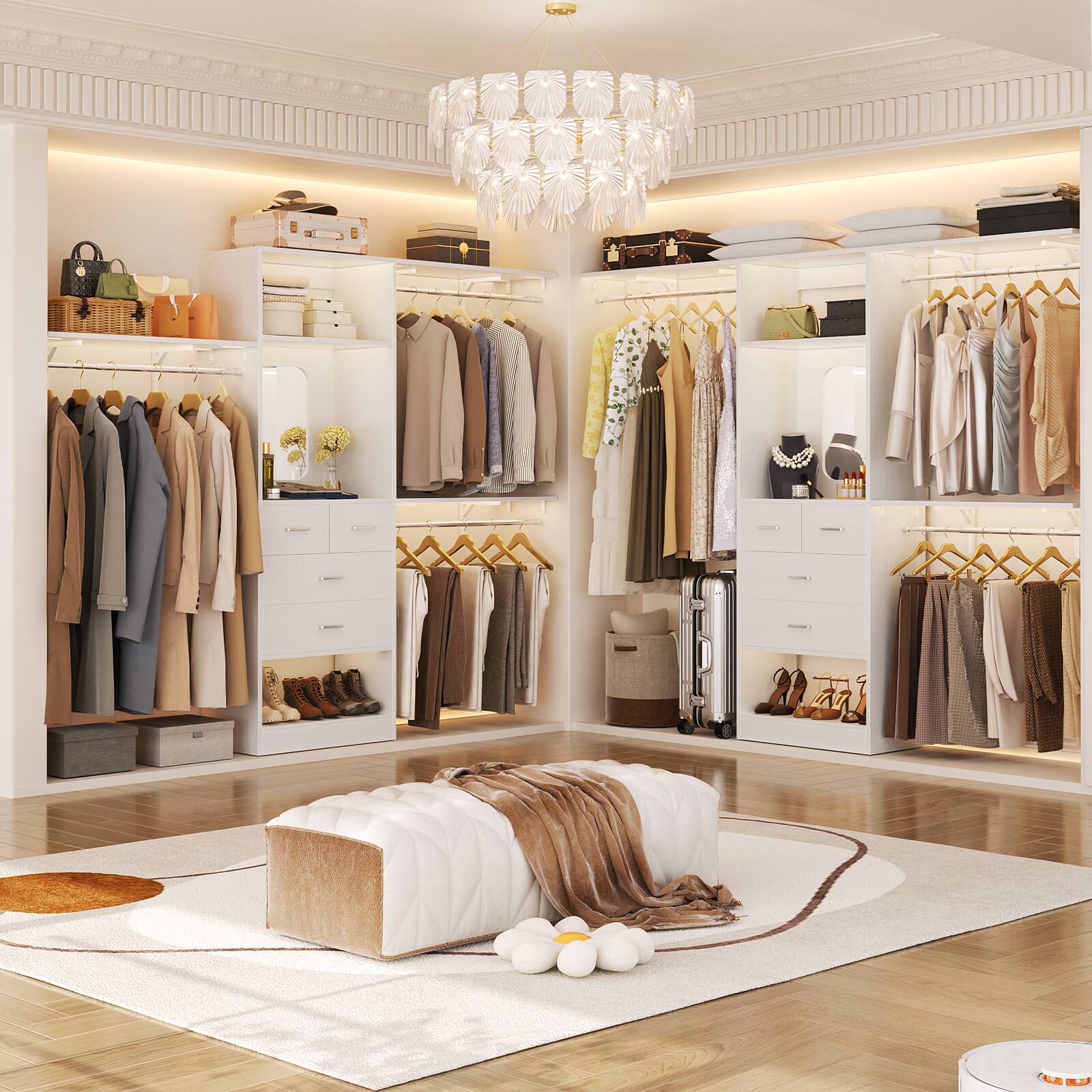 Left. Aheaplus - 96" Wood Closet Organizer with 4 Drawers, Hanging Rods & Mirror - Sturdy Walk-in Closet, Cut-to-Fit (96"W x16"D x80"H) - White.