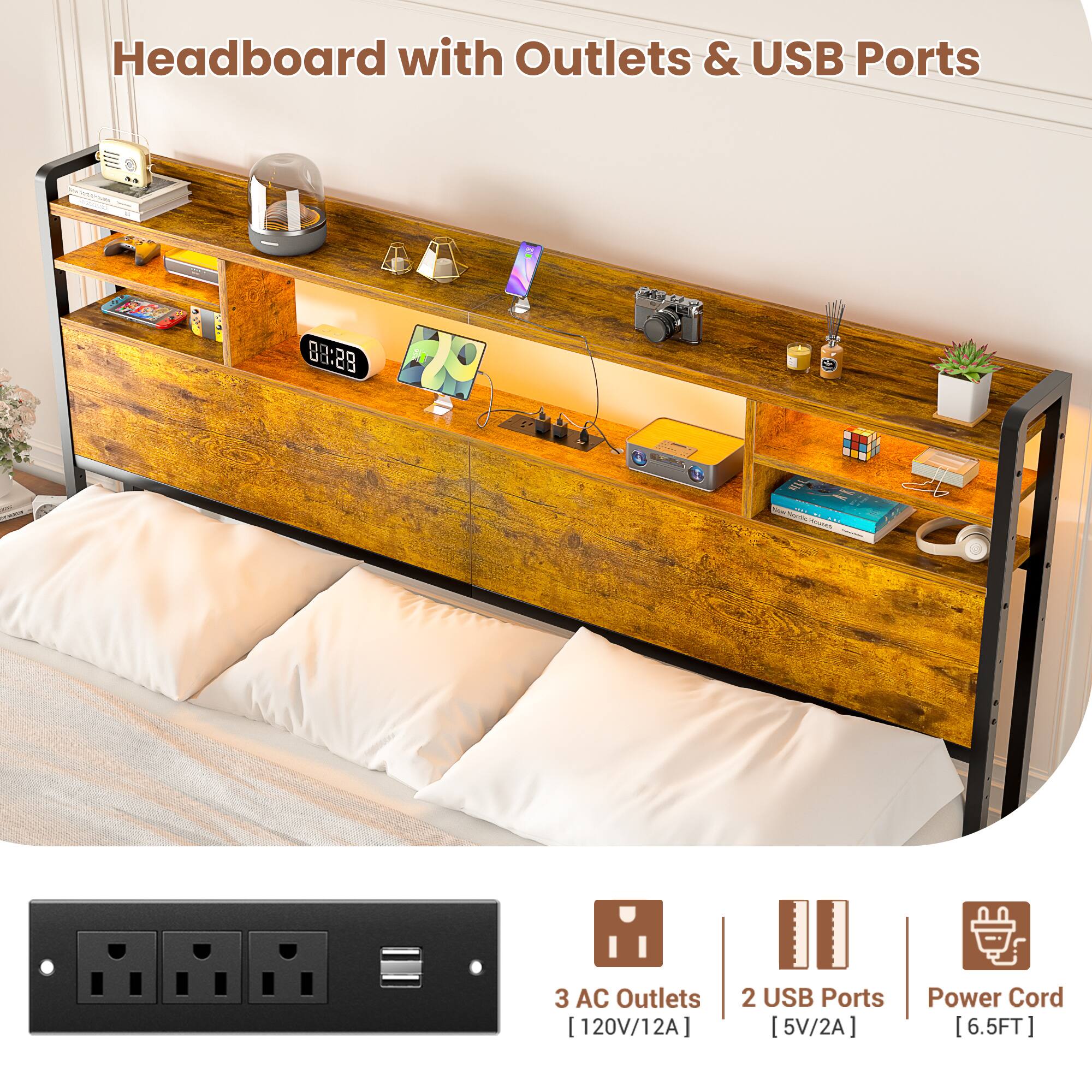Headboard with Outlets & USB Ports

- 3 AC Outlets [120V/12A]
- 2 USB Ports [5V/2A]
- Power Cord [6.5FT]