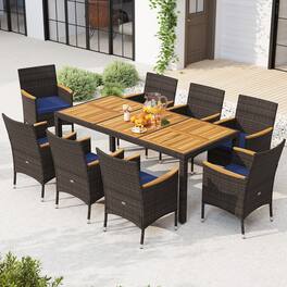 Gymax - 9 Pieces Patio PE Wicker Dining Set Outdoor Acacia Wood Table & Chairs - Brown, Navy