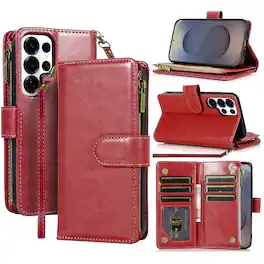 Equipd - Case for Galaxy S26 Ultra 6.9 Inch, Luxury Magnetic Clasp Wallet Card ID Zipper Money Holder Kickstand Shockproof Cover - Red