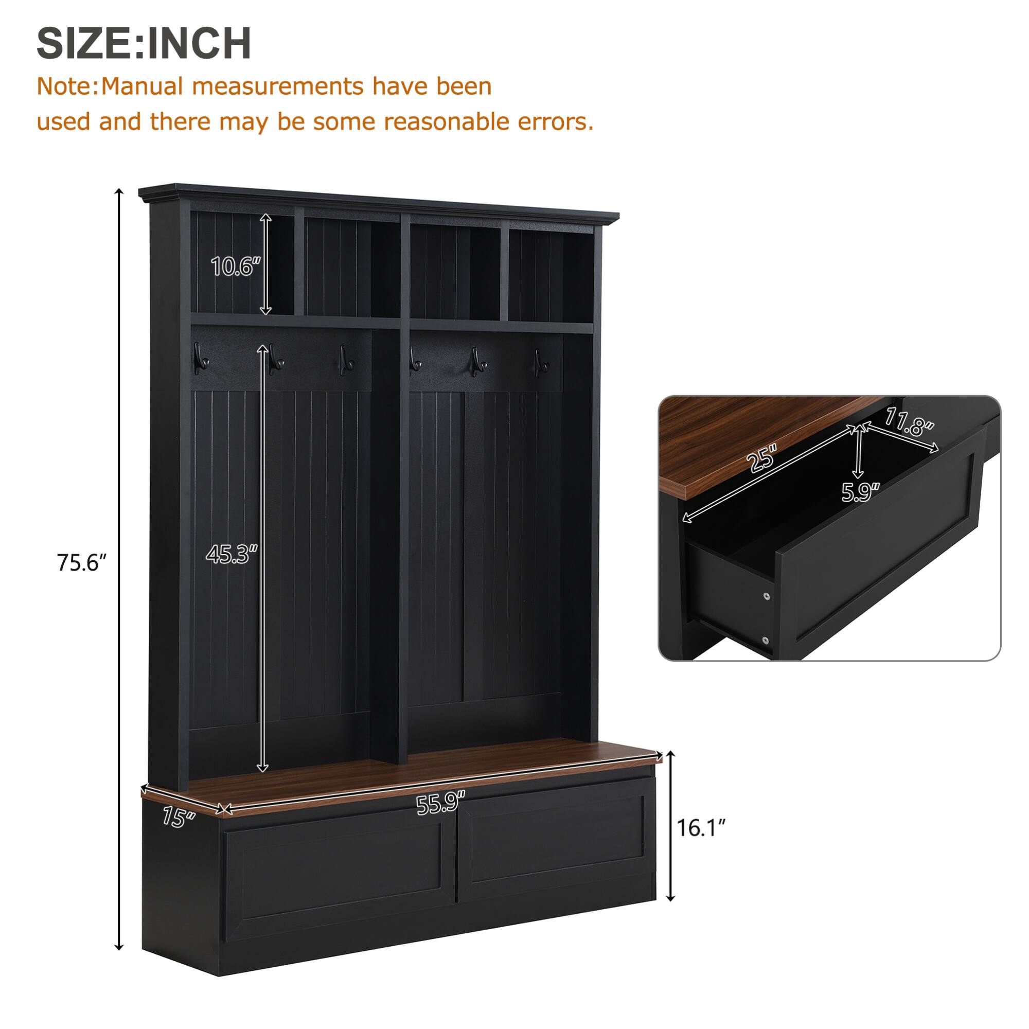 SIZE: INCH  
Note: Manual measurements have been used and there may be some reasonable errors.  

- Height: 75.6"  
- Width: 45.3"  
- Depth: 15"  
- Shelf Height: 10.6"  
- Drawer Height: 16.1"  
- Top Shelf Height: 11.8"  
- Drawer Width: 25"  
- Drawer Depth: 5.9"  
- Top Shelf Width: 25"  
- Top Shelf Depth: 5.9"  
- Top Shelf Height: 11.8"