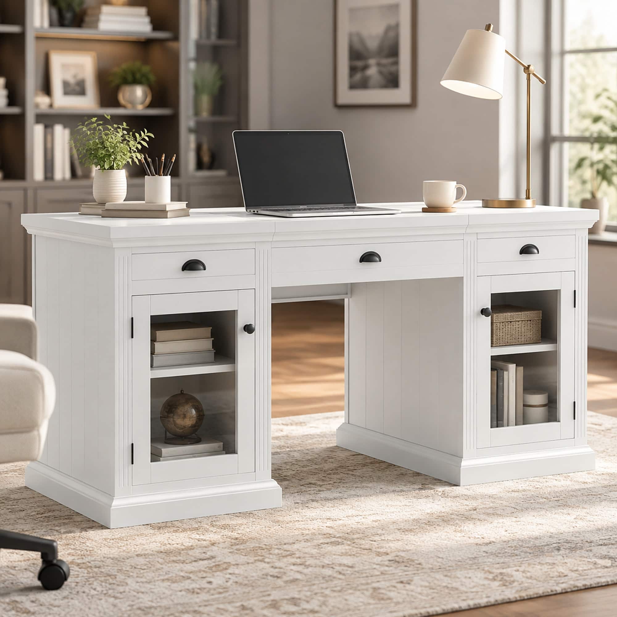 RYHNUYNE - Modern Executive Desk, 67 Inch Computer Workstation with 2 Glass Door Cabinets, 3 Drawers, MDF and Solid Wood - White