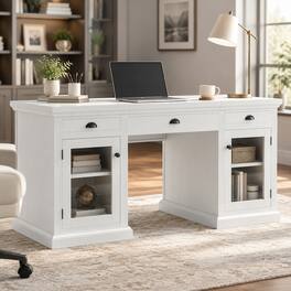 RYHNUYNE - Modern Executive Desk, 67 Inch Computer Workstation with 2 Glass Door Cabinets, 3 Drawers, MDF and Solid Wood - White