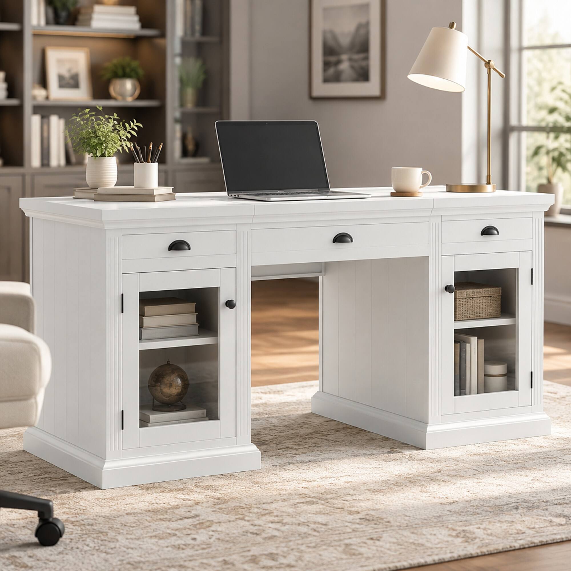 Front. RYHNUYNE - Modern Executive Desk, 67 Inch White Computer Workstation with 2 Glass Door Cabinets, 3 Drawers, MDF and Solid Wood - White.