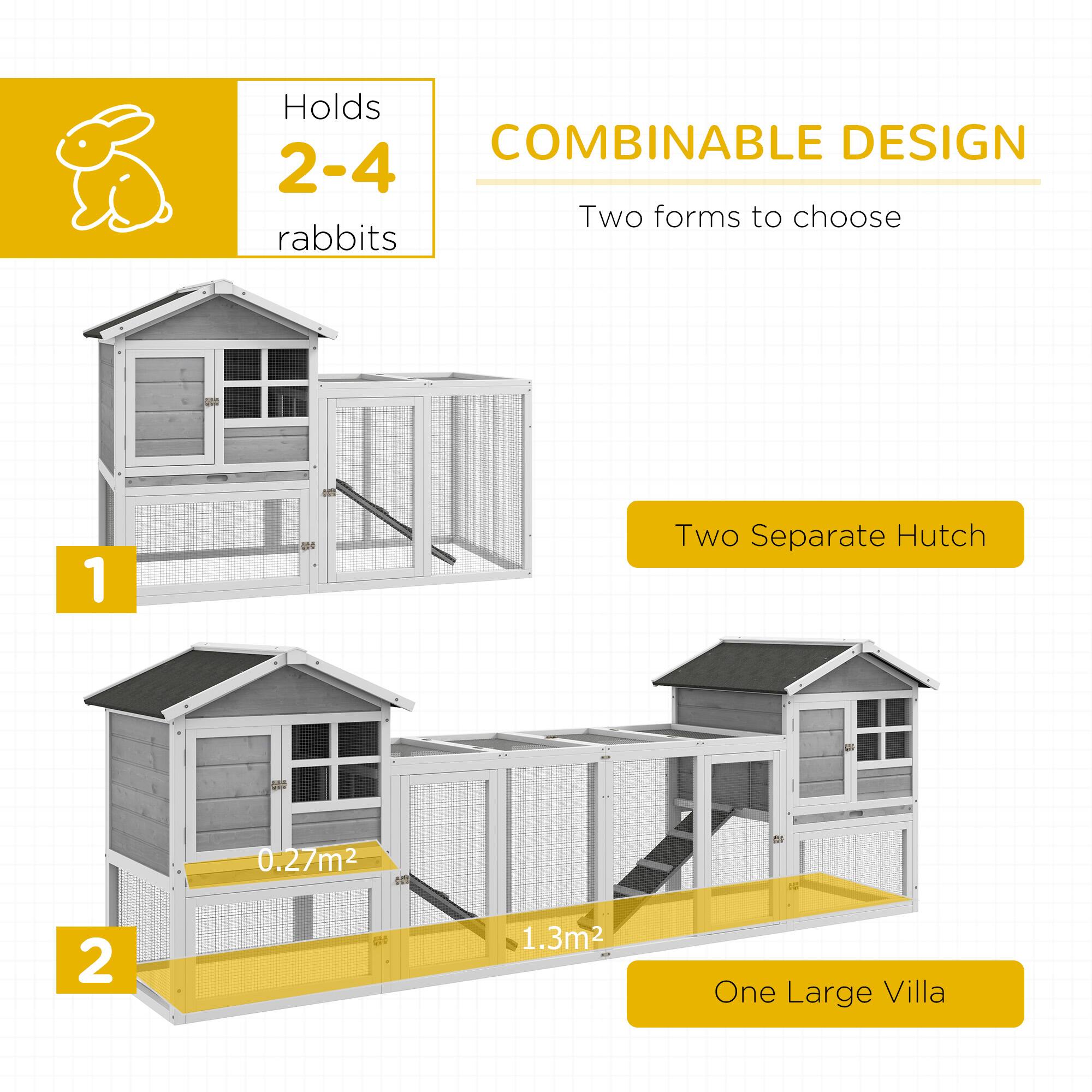 Holds 2-4 rabbits

COMBINABLE DESIGN  
Two forms to choose

1. Two Separate Hutch  
0.27m²

2. One Large Villa  
1.3m²