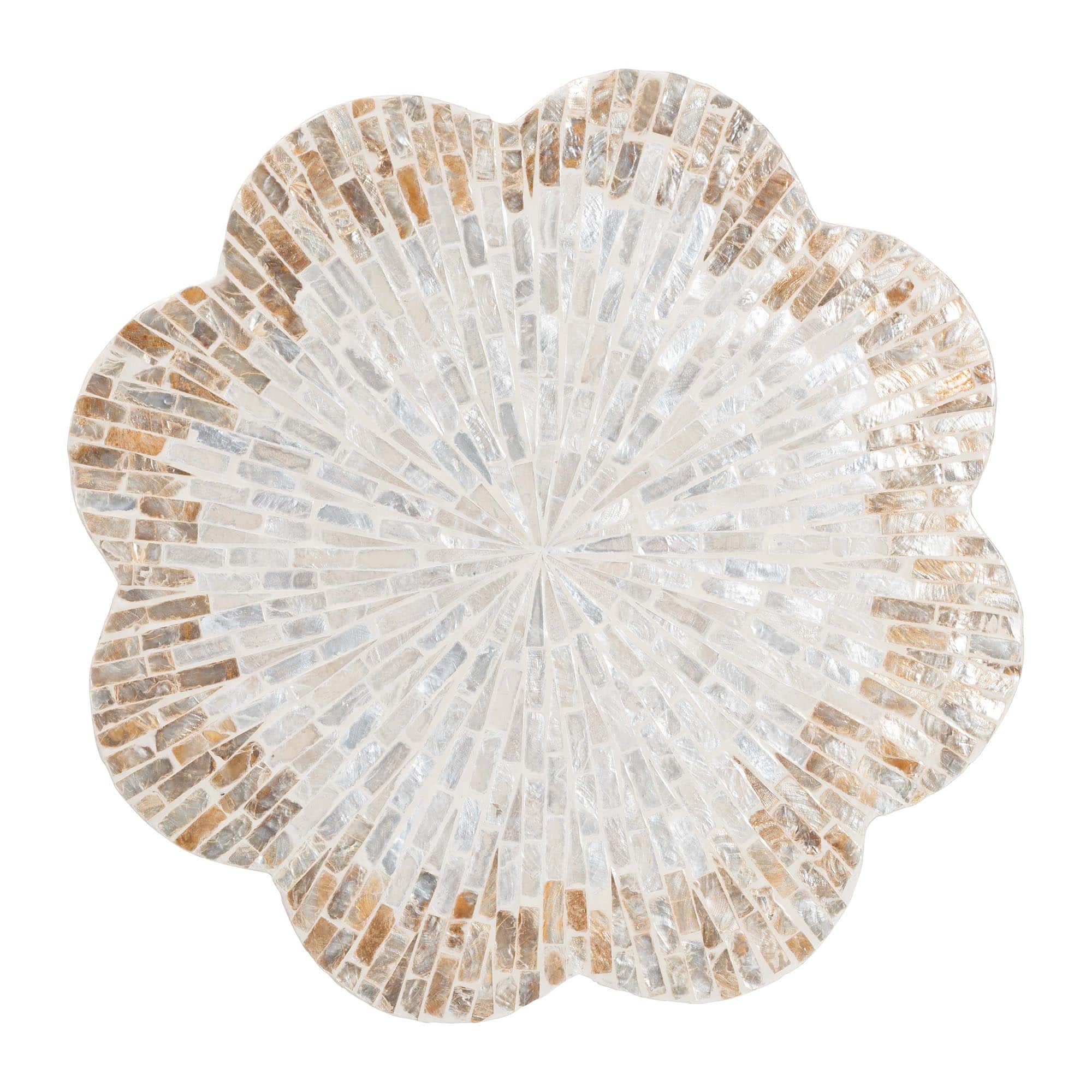 Angle. bali & pari - Beile Capiz Shell Pedestal End Table - Mother of Pearl Scalloped Accent Table with Textured Inlay Surface - White/Champagne Beige.