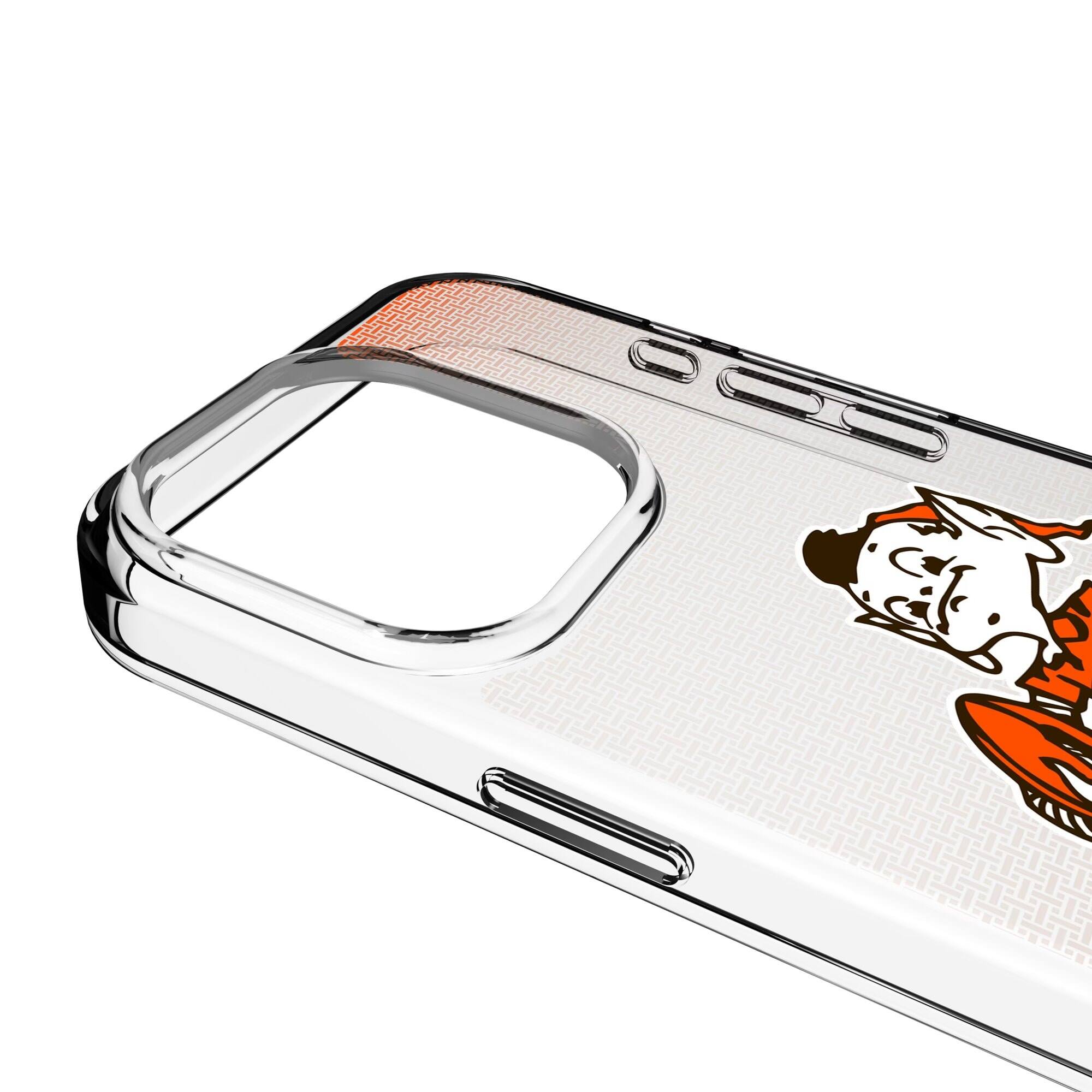 Alt View 2. Keyscaper - Cleveland Browns Linen Logo iPhone Clear Case - 14 Pro Max - Multicolor.