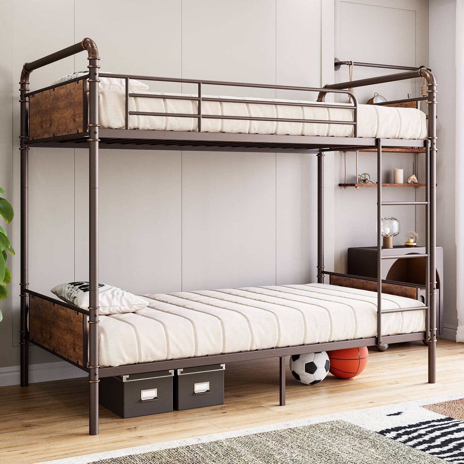 Front. GARVEE - Metal Twin Over Twin Bunk Bed Brown Heavy Duty Guardrails Ladder No Box Spring - Brown Twin.