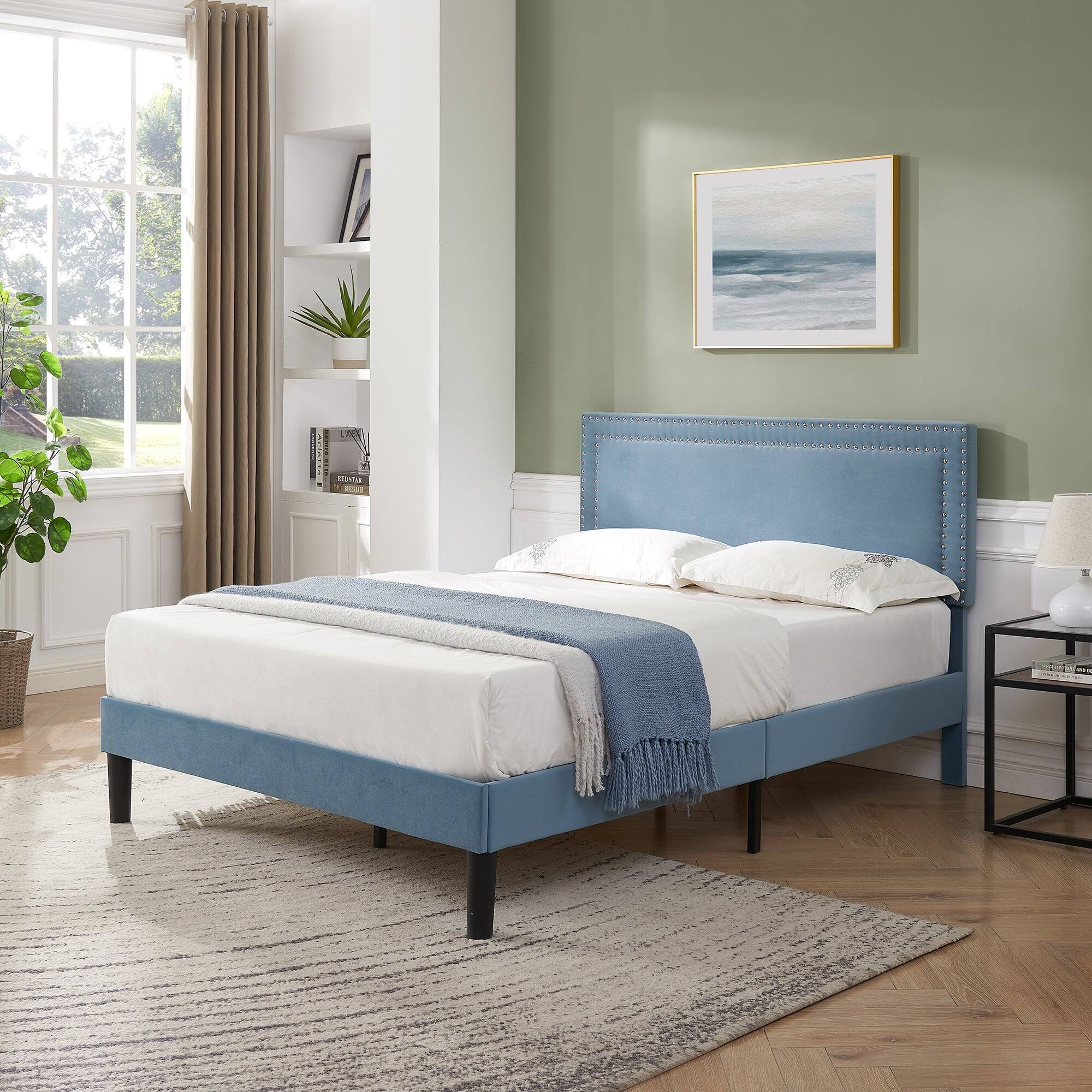 Left. Vecelo - Queen Size Platform Bed Frame with Adjustable Upholstered Headboard, Strong Wood Slat Support,No Box Spring Needed - Light Blue.
