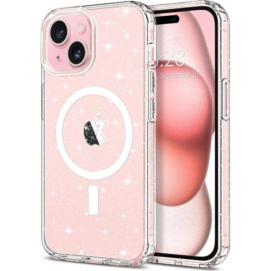 Entronix - Magnetic Case for iPhone 15 Plus - Hard Back Protection - Glitter Clear