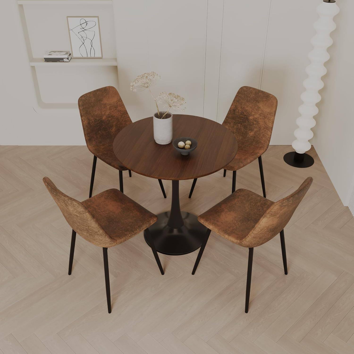 Alt View 5. Ecooso - 31.5" Walnut color Round Dining Table, Tulip Table Kitchen Dining Table 2-4 People with MDF Table Top & Pedestal Base - Walnut+black.