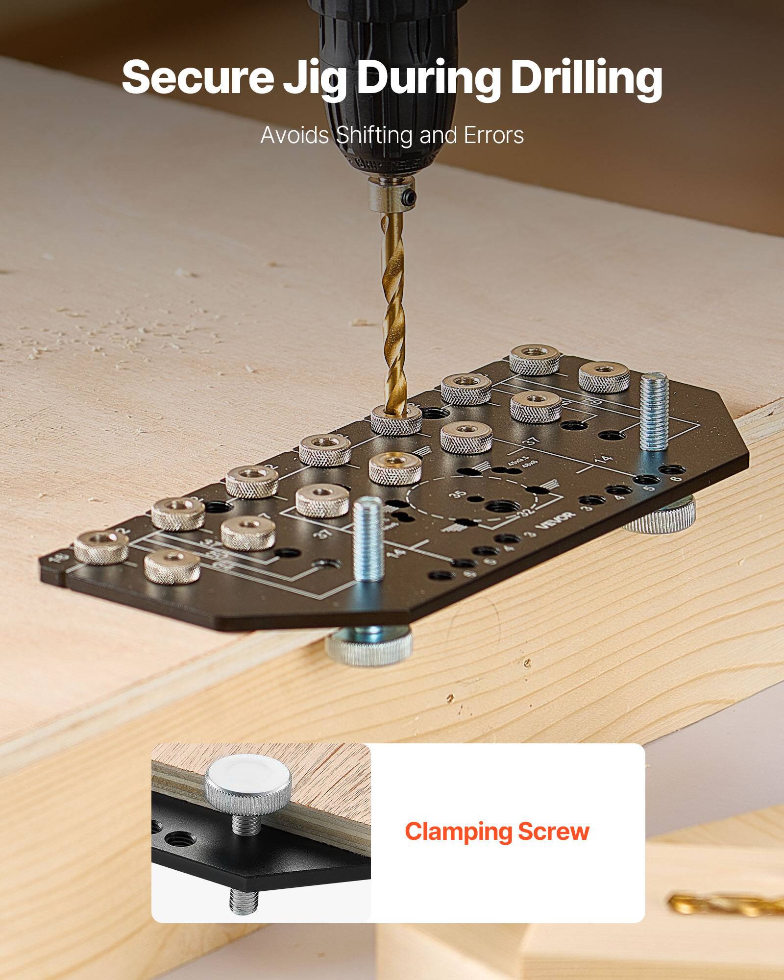 Secure Jig During Drilling  
Avoids Shifting and Errors  

Clamping Screw