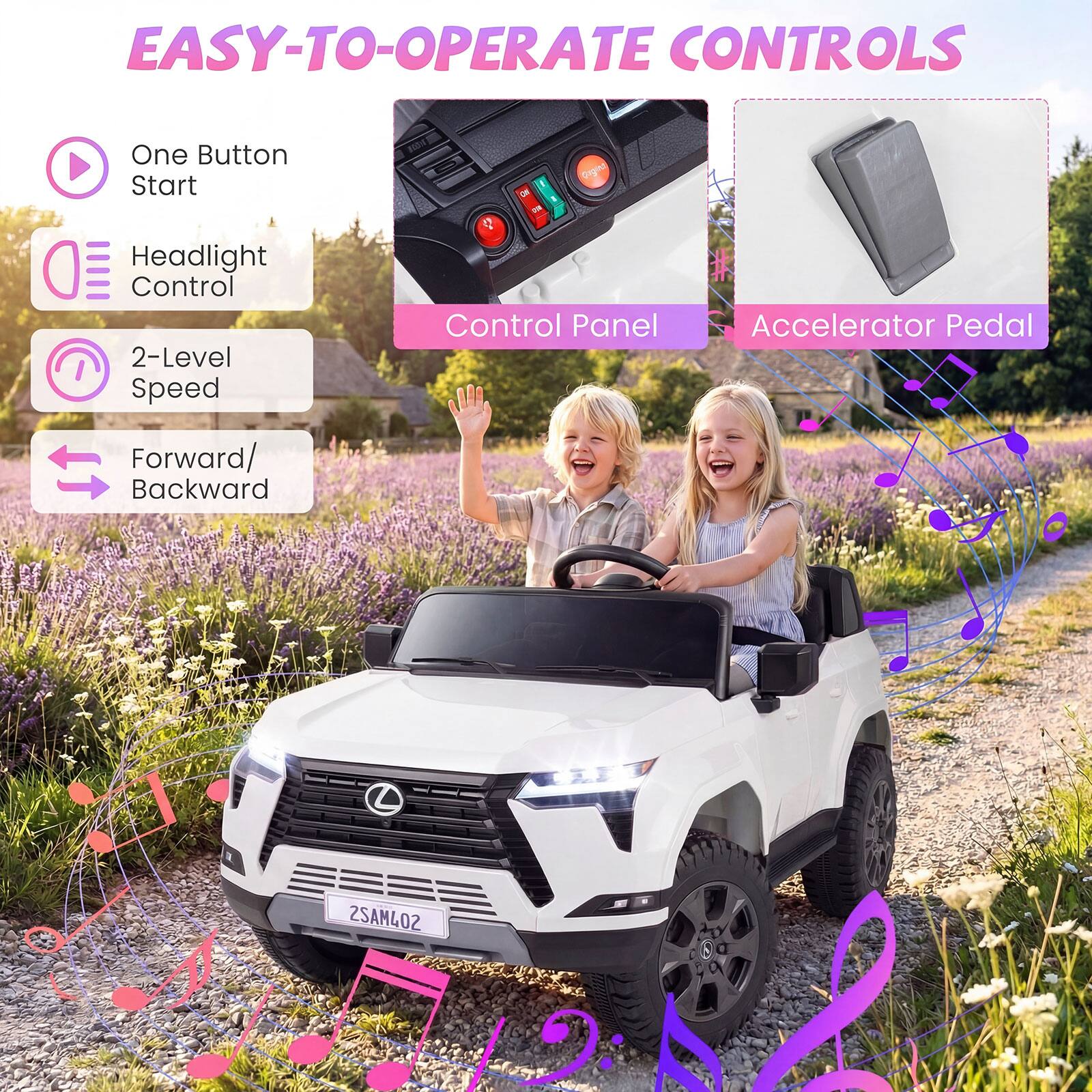 EASY-TO-OPERATE CONTROLS

- One Button Start
- Headlight Control
- 2-Level Speed Control Panel
- Forward/Backward

Control Panel
Accelerator Pedal

2SAM402 A8 B